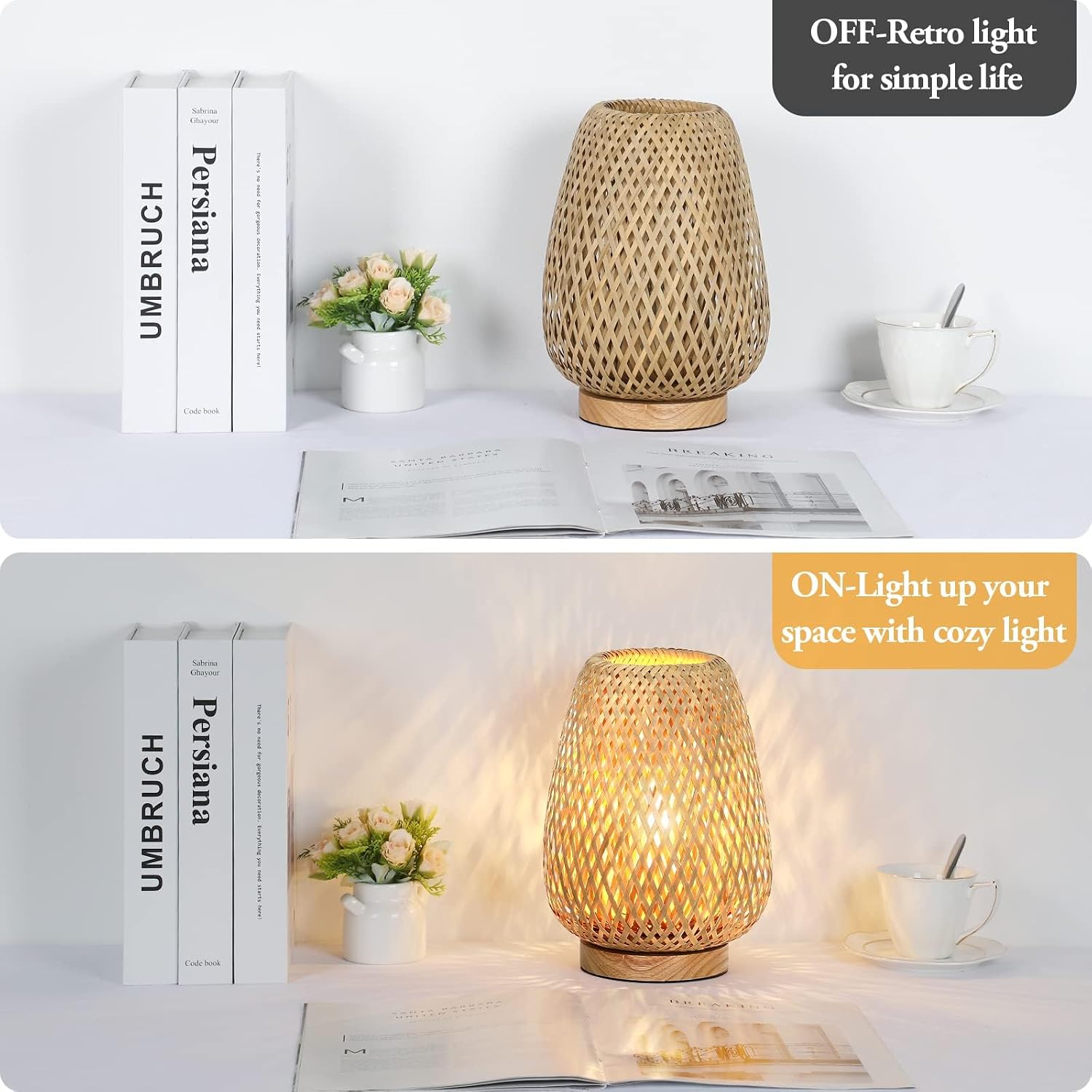 Brightever Rattan Table Lamp, Stepless Dimmable Small Beside Lamp, Vintage Wicker Wooden Nightstand Boho Bamboo Woven End Table Lamps for B…