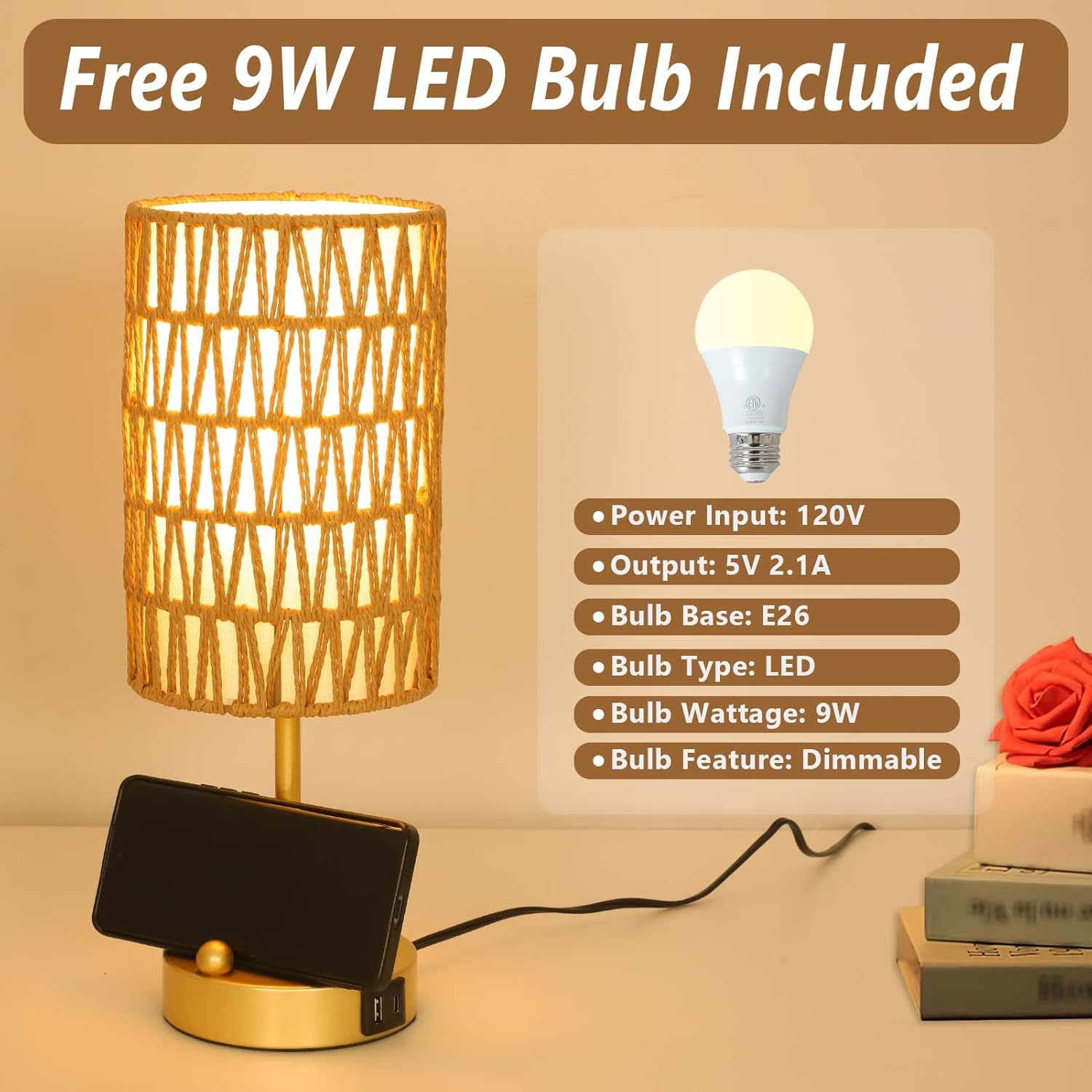Gold Bedside Lamps Set of 2, Touch Control Night Stand Lamp for Bedroom with Rattan & Linen Shade & Bulbs, 3 Way Dimmable Small Boho…