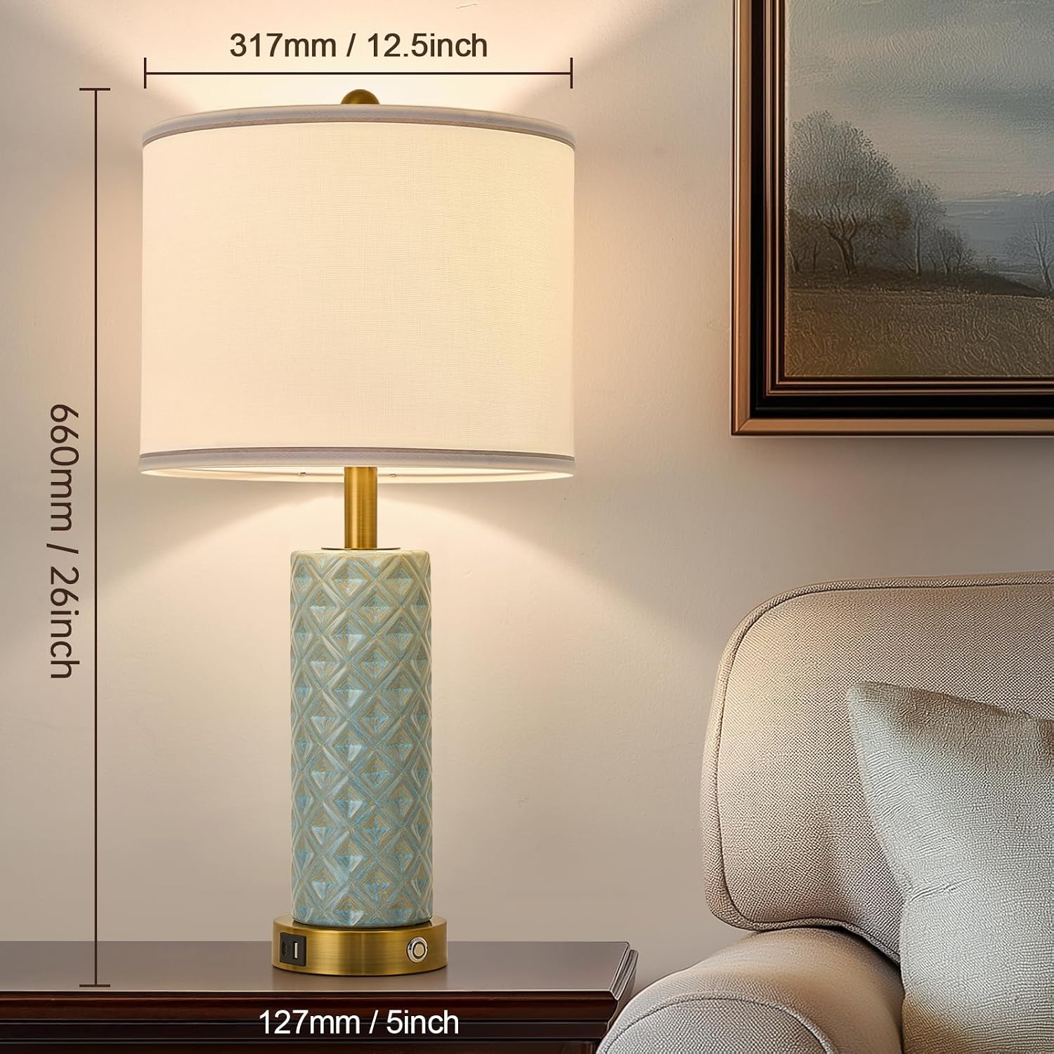 Set of 2 Table Lamp for Living Room Bedroom Farmhouse,26'' Touch Control Bedroom Spa Blue Ceramic Lamps 3-Way Dimmable Bedside Lamps with…