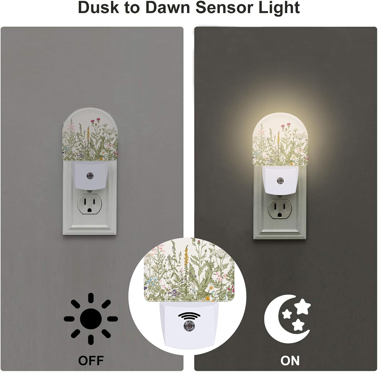 Herbs and Wild Flowers Night Light for Kids, Watercolor Green Botanical Floral Leaves Night Light Plug in with Dusk to Dawn Sensor,0.5w…