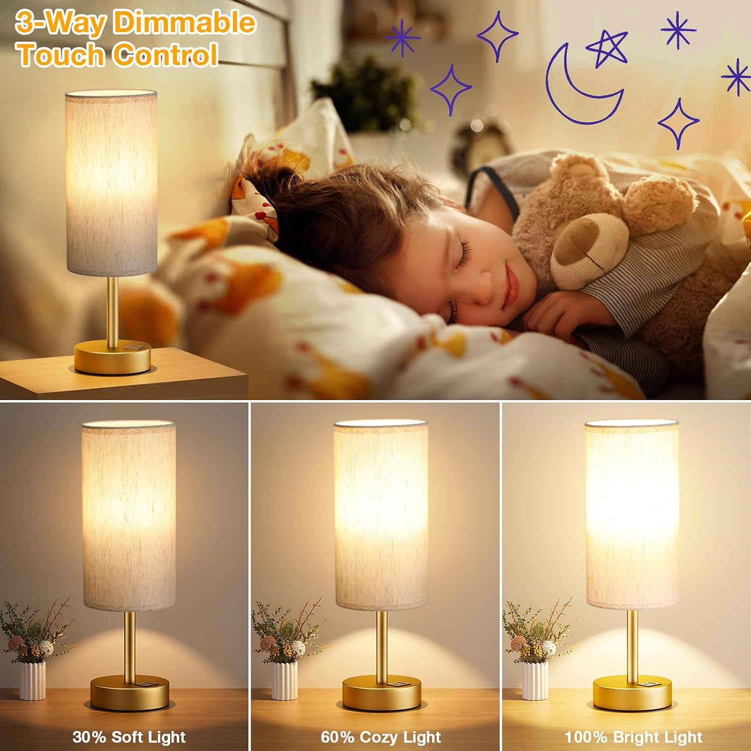 Dicoool Small Touch Bedside Lamp with USB - 3 Way Dimmable Gold Table Lamp for Bedroom, Nightstand Lamp with Gold Charging Station for…