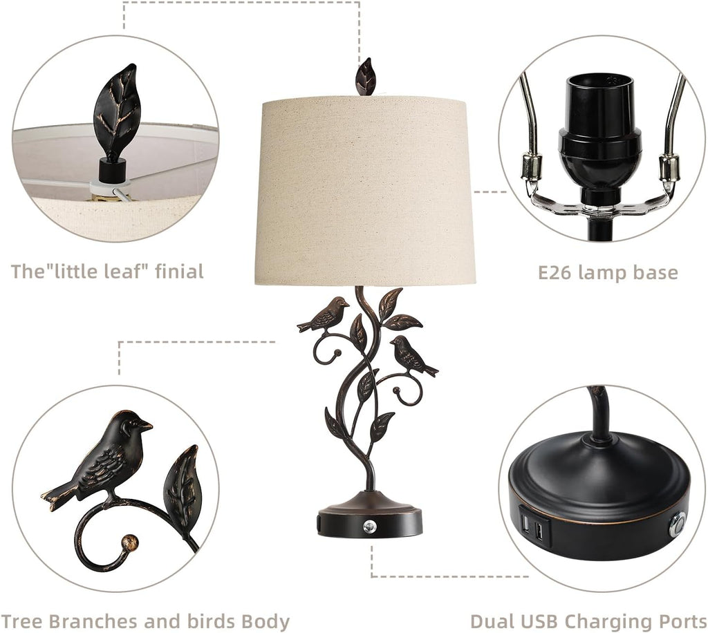 27" Touch Farmhouse Table Lamps for Living Room with 3-Way Dimmable 2 USB Ports, Vintage Rustic Iron Leaf Nightstand Lamp for Bedroom…