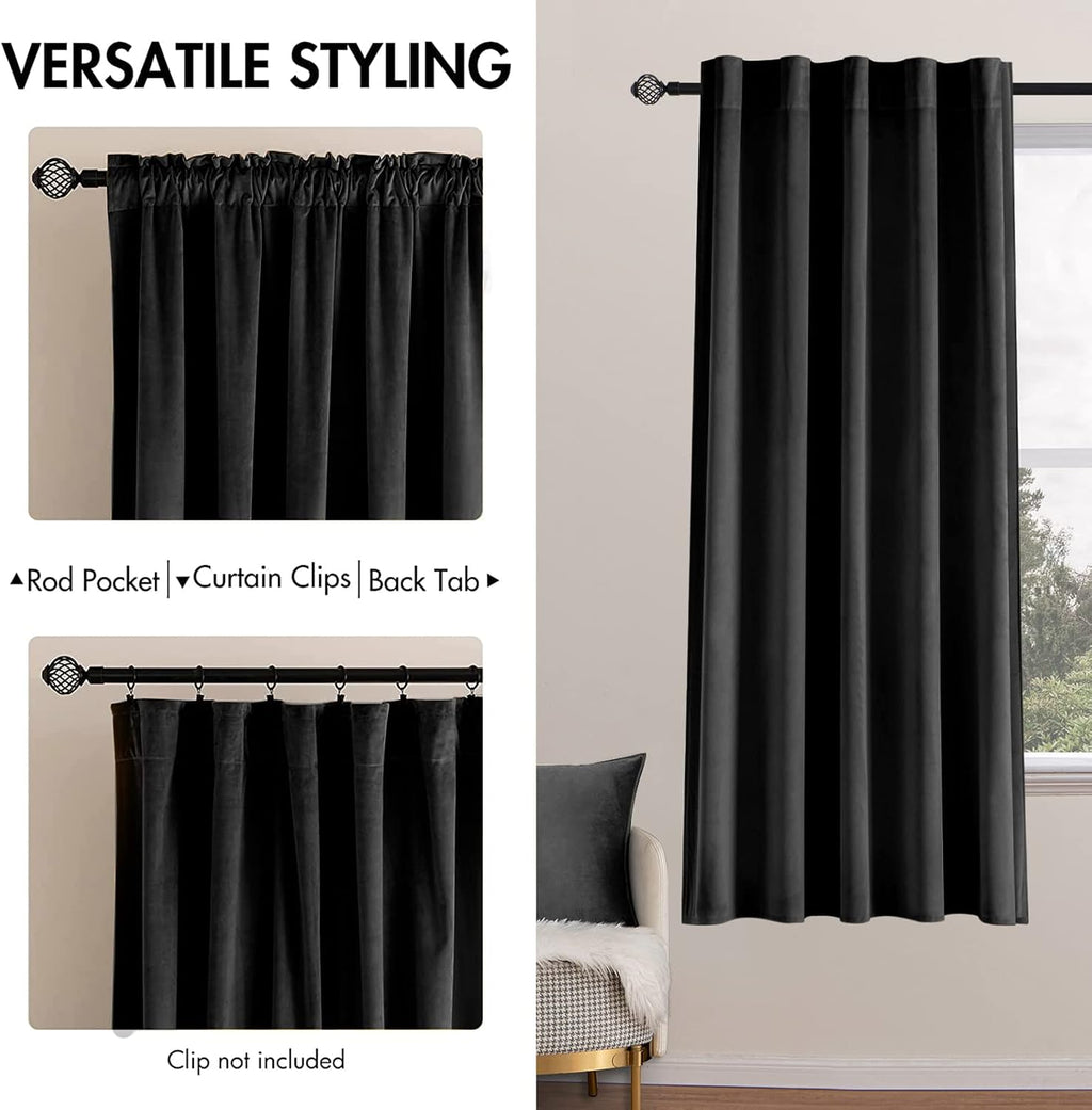 Miulee Black Velvet Curtains 63 inch Length 2 Panels - Luxury Blackout Curtains for Bedroom Living Room Thermal Insulated Super Soft Window…