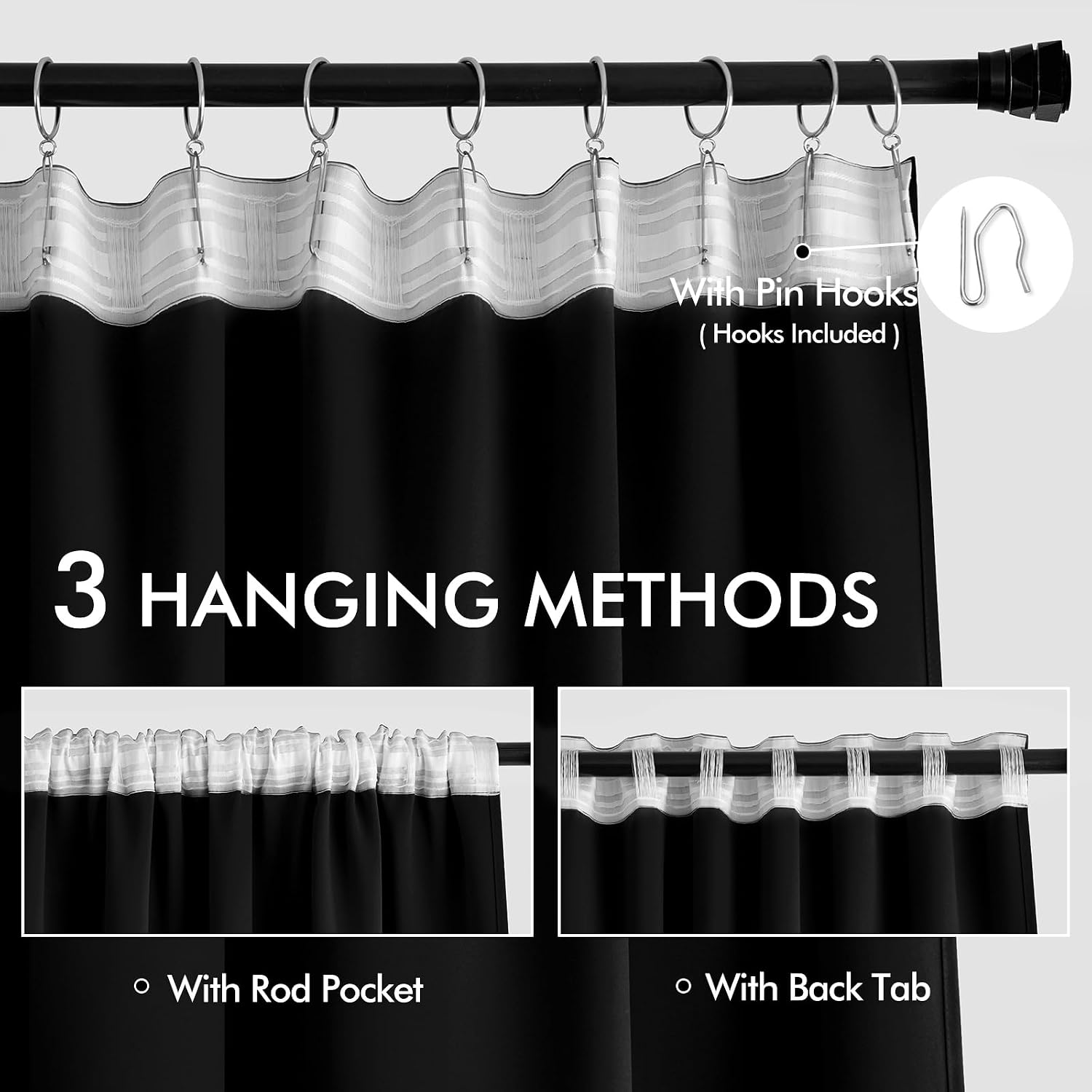 Miulee Back Tab Blackout Curtains 105 Inch Long 2 Panels Set for Living Room Bedroom, Halloween Black Rod Pocket/Pinch Pleated Thermal Insu…