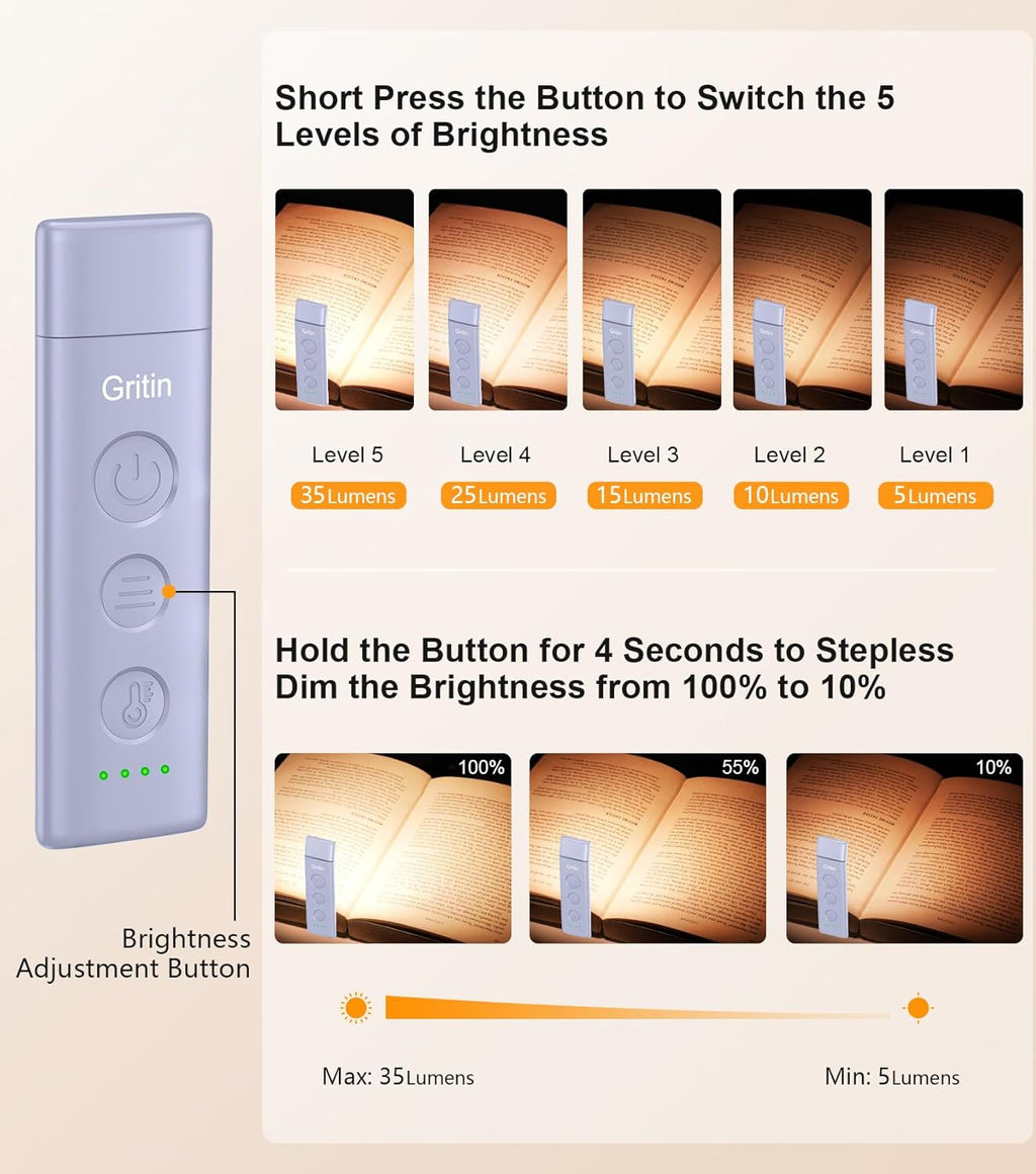 Gritin Book Light Rechargeable, Eye Caring 3-Color & 5-Brightness Clip on LED Reading Light for Books in Bed- Stepless Dimming, Long…