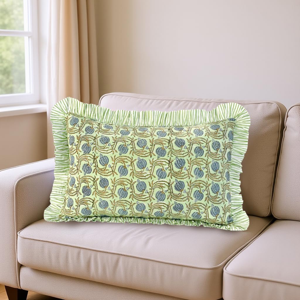 Ridhi Block Print Apple Green Floral 20"x12" Set 1-100% Cotton Ruffle Lumbar Sham Cover Boho Floral Pillowcase, Farmhouse Cottagecore…