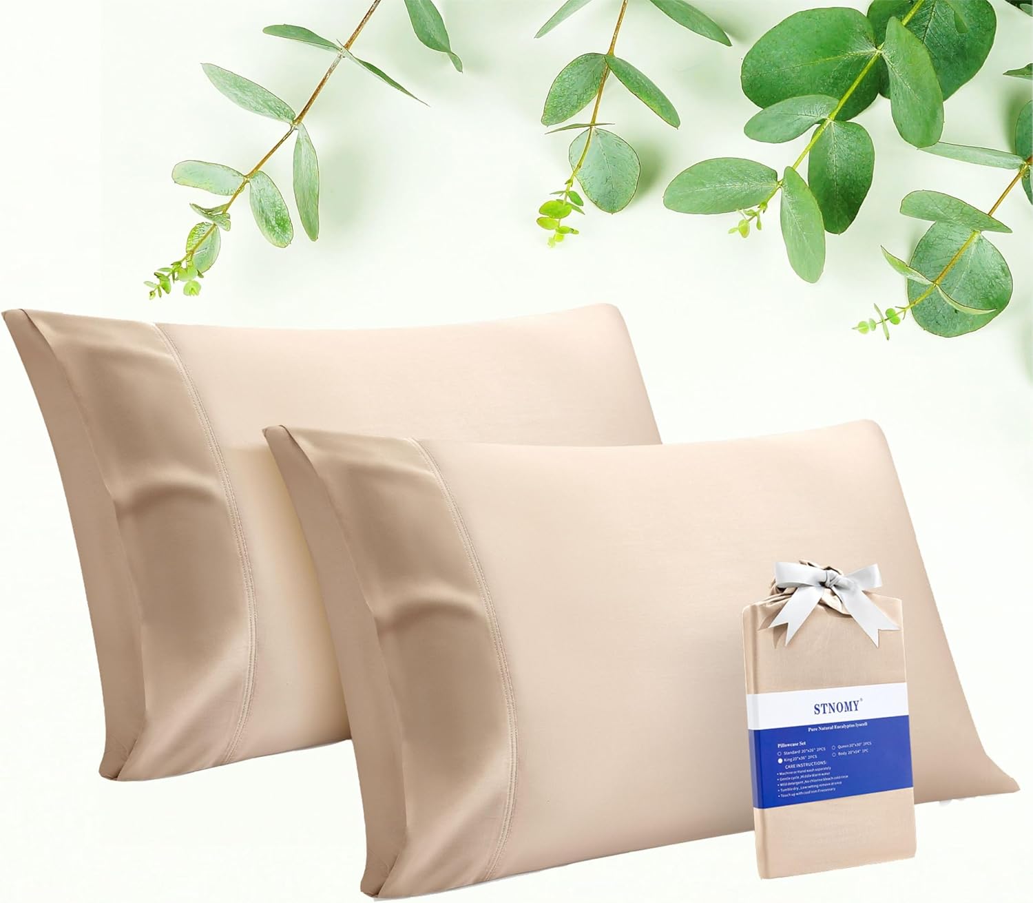 Stnomyhome Eucalyptus Tencel Cooling Pillowcase 2 Pack King Champagne | Moisture Wicking for Night Sweats | 3X Faster Drying | Oeko-TEX Cer…