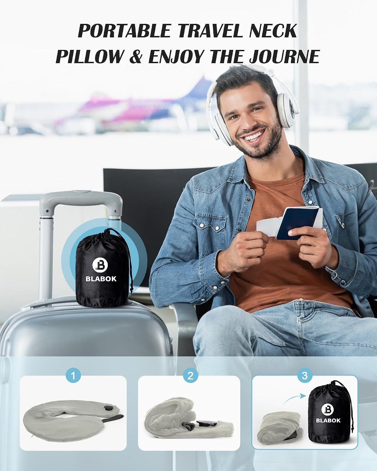 Patented Design Inflatable Travel Neck Pillow – Airplane Neck Pillow with 360° Head & Neck Support, Soft Washable Velvet Cover, Compact…