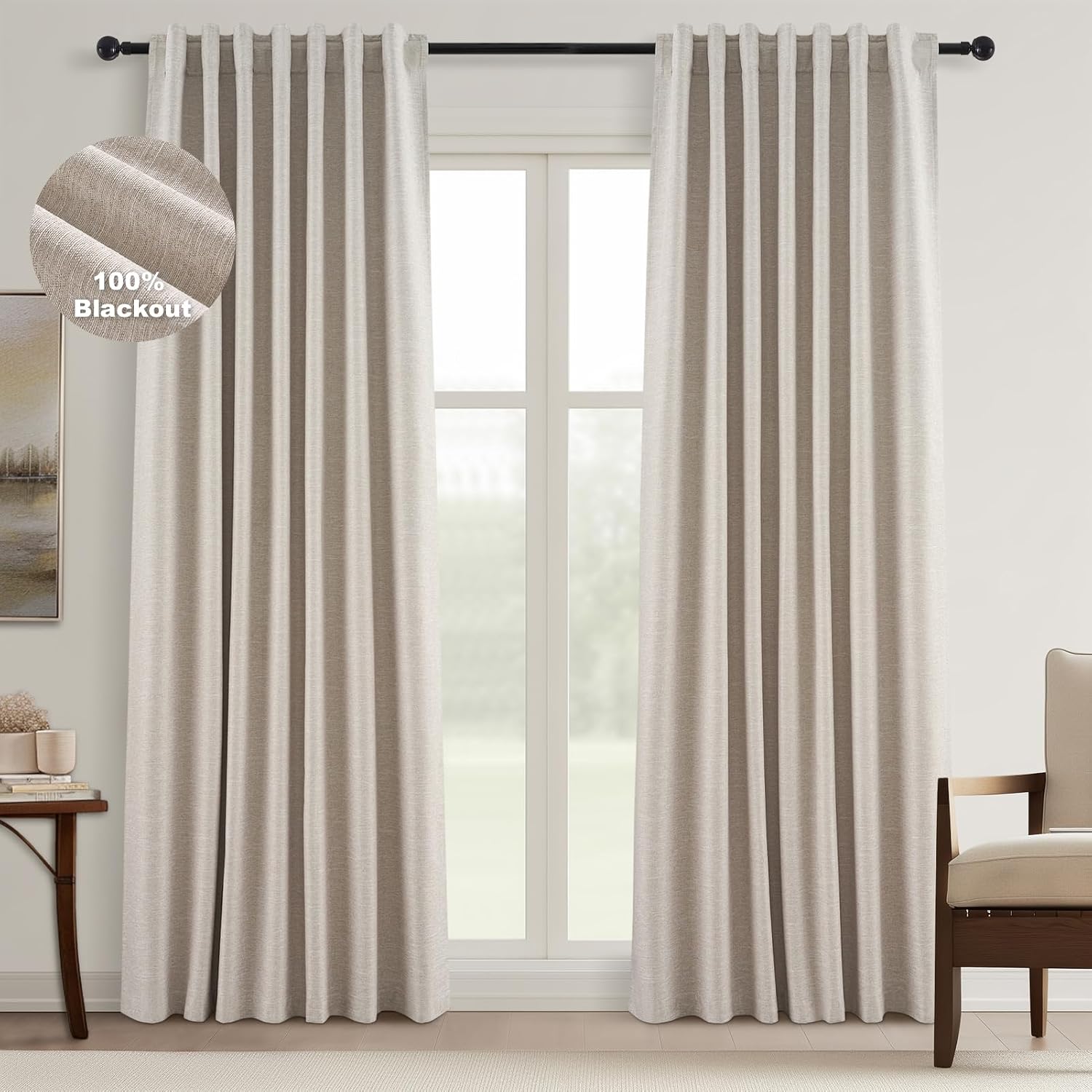 Topfinel Black Out Rustic 96 Inch Long Linen Curtains 2 Panel Set, Modern Farmhouse Greige Grey Curtains for Living Room, Room Darkening Ta…