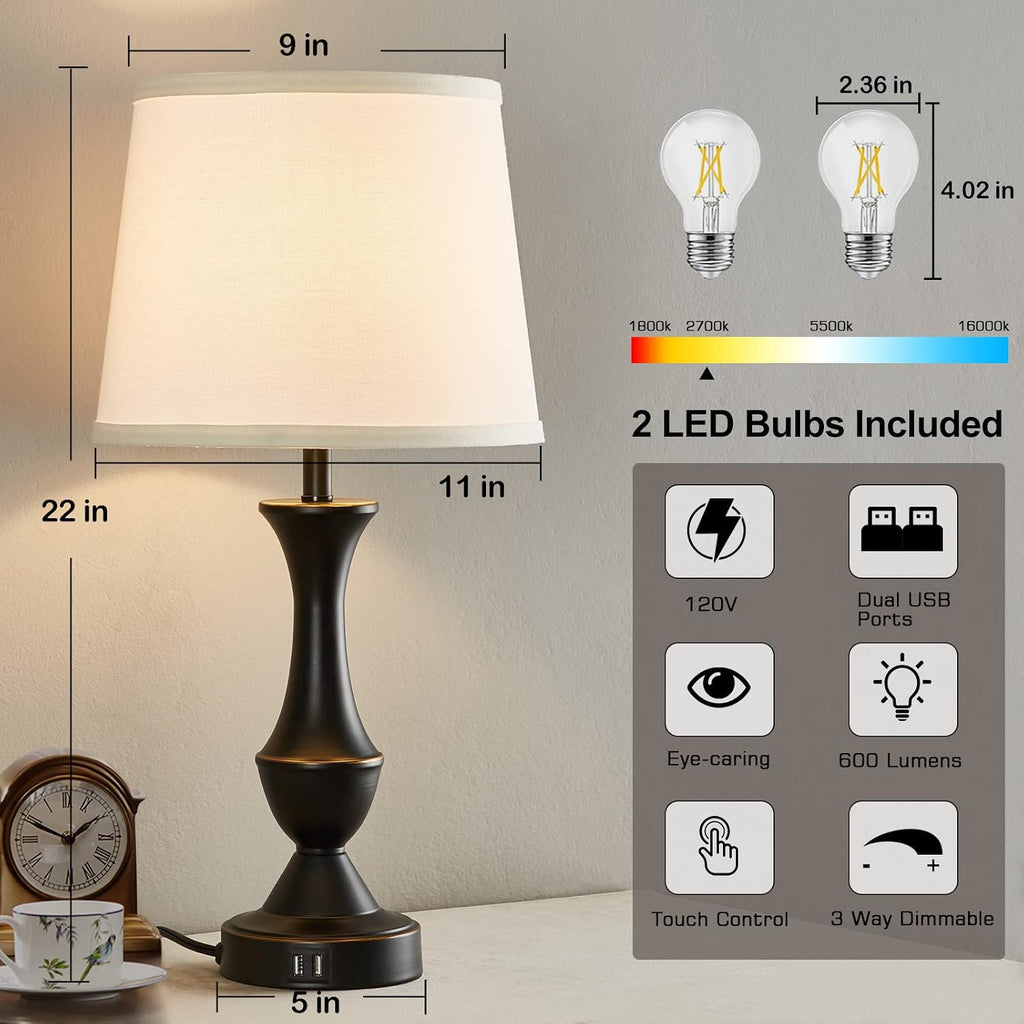 Luvkczc Touch Table Lamps Set of 2, 22" Tall Bedside Lamps with USB C+A Ports, Dimmable Nightstand Lamps, Table lamp for Bedrooms, Living…