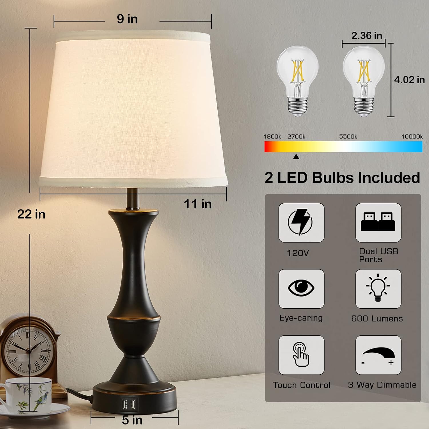 Luvkczc Touch Table Lamps Set of 2, 22" Tall Bedside Lamps with USB C+A Ports, Dimmable Nightstand Lamps, Table lamp for Bedrooms, Living…