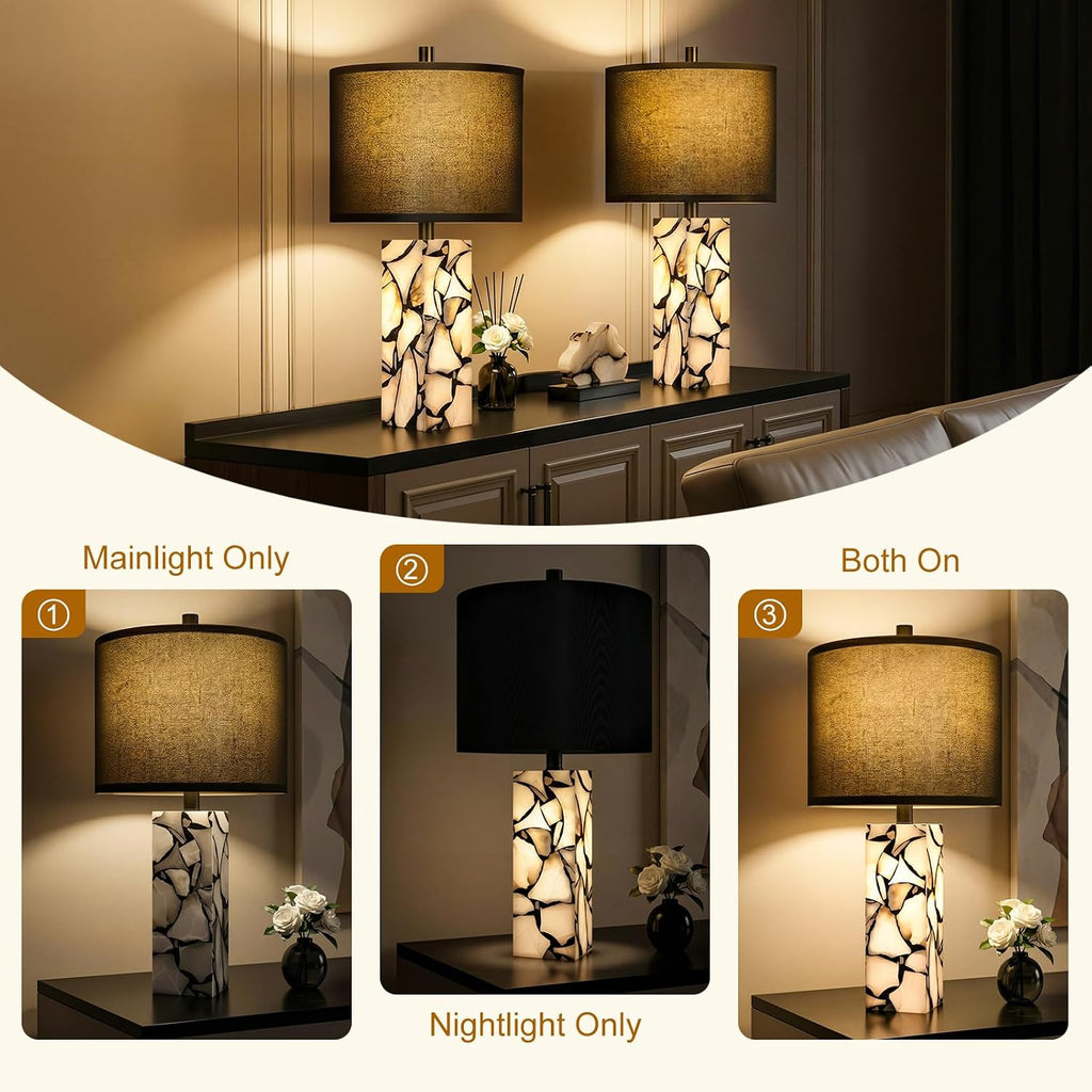 Scenekoy 23" Alabaster Table Lamps Set of 2 with Night Light for Living Room, Rotary Switch, Black Modern Table Lamp with Black Linen…