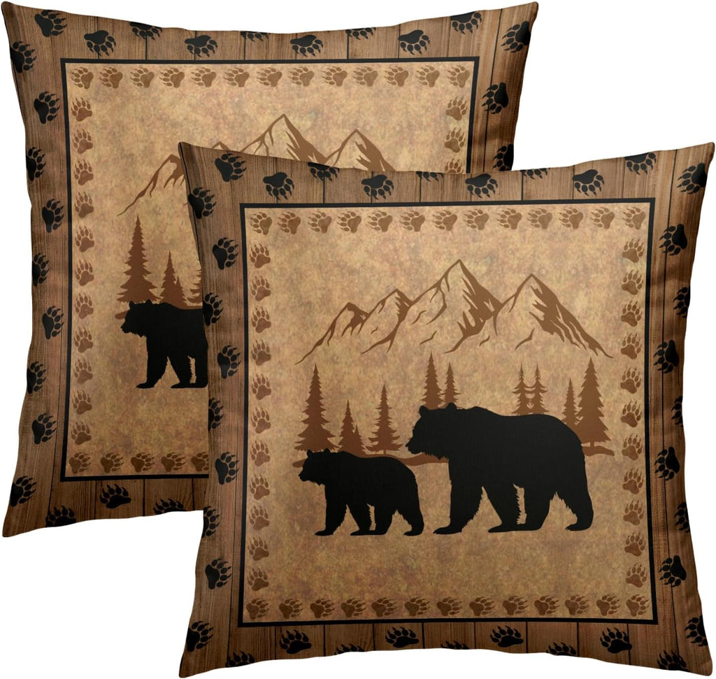 Bear Throw Pillow Covers 18x18 Inch Set of 2 Retro Brown Mountain Decorative Pillowcase Rustic Cabin Bear Hunting Animal Paw Prints…