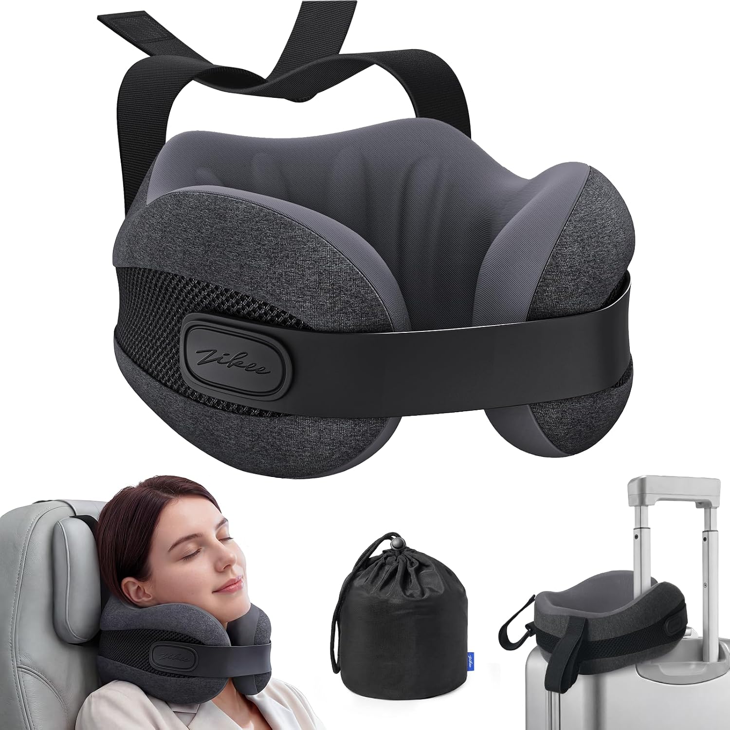 ZIKEE Dual-Layer Memory Foam Neck Pillow for Airplane, Travel Pillow with Seat Straps to Secure Head & Neck, Ergonomic Ear-Friendly Neck…