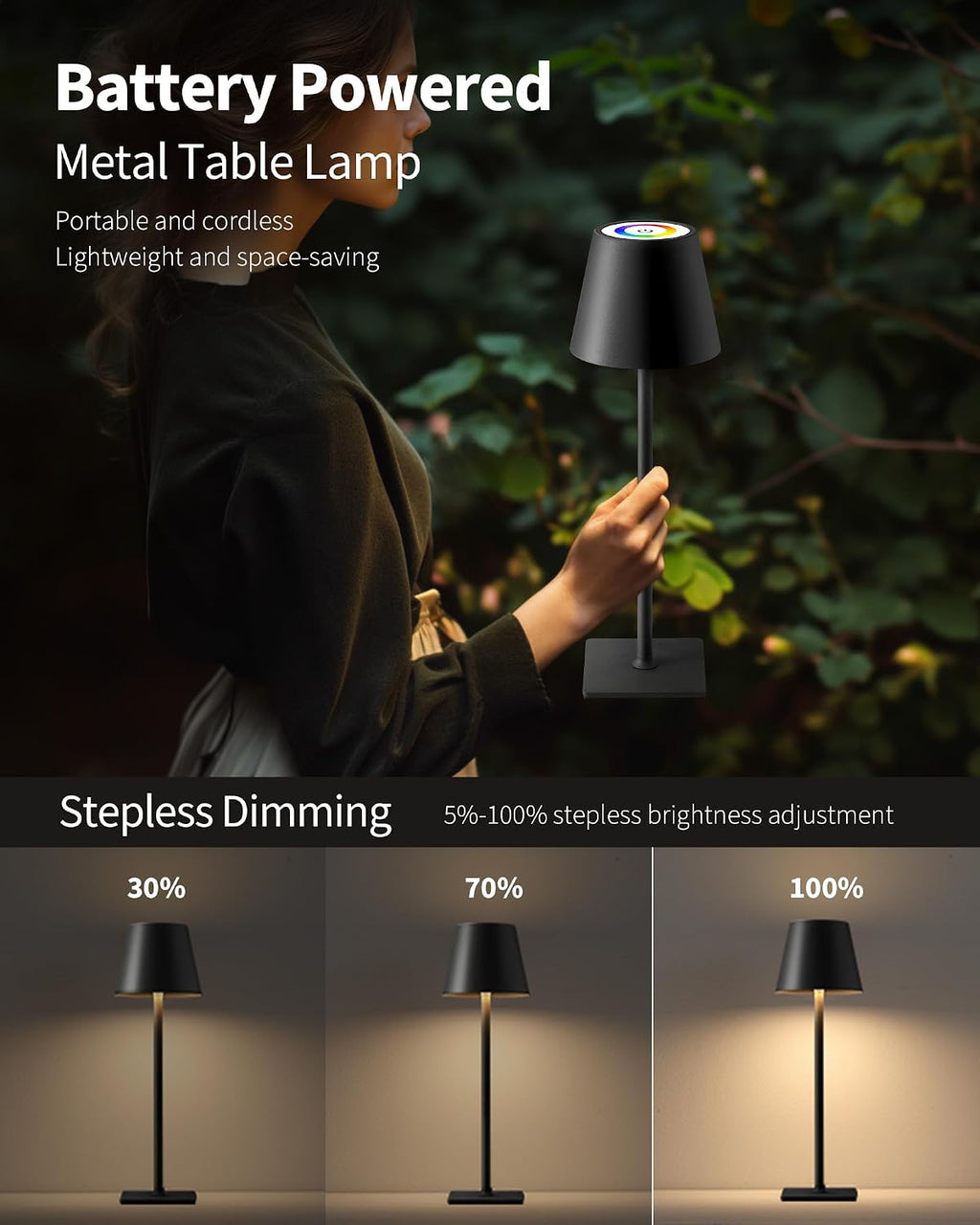 KDG 2 Pack Cordless Table Lamp, RGB Color Stepless Dimming Up, 4000mAh Battery Operated Portable LED Desk Lamp, for Dinning Room…
