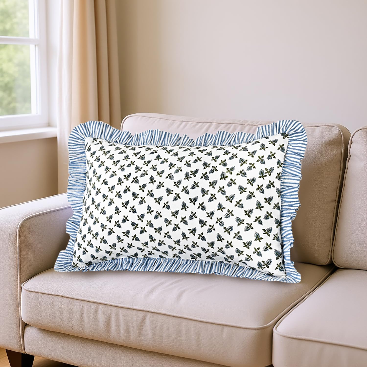 Ridhi Block Print Baby Blossoms 20"x12" Set 1-100% Cotton Ruffle Lumbar Sham Cover Boho Floral Pillowcase, Farmhouse Cottagecore Bedding…