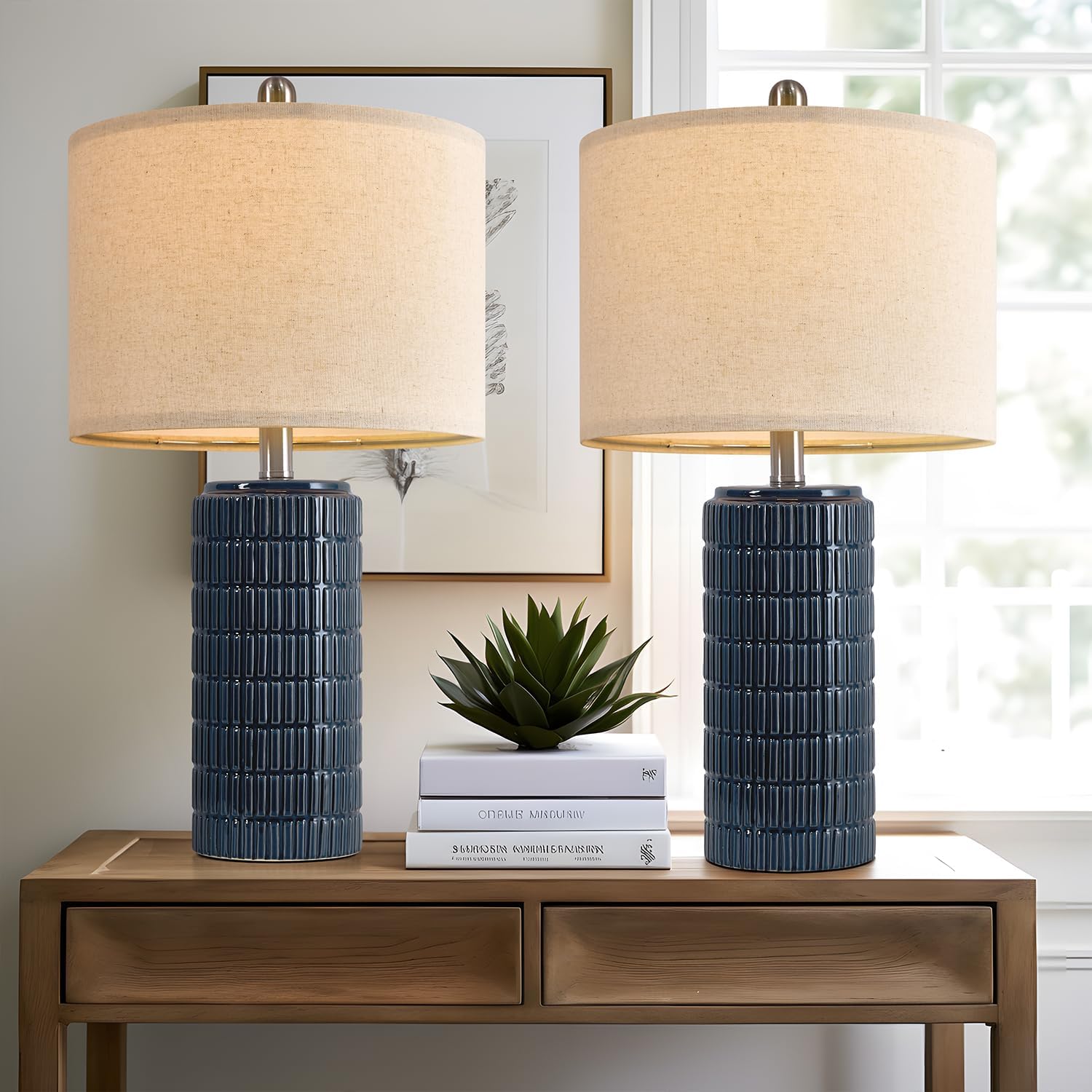 PoKat 23" Blue Table Lamps, Farmhouse Bedside Lamps for Bedroom Set of 2, Ceramic End Table Lamps for Living Room, Traditional Nightstand…