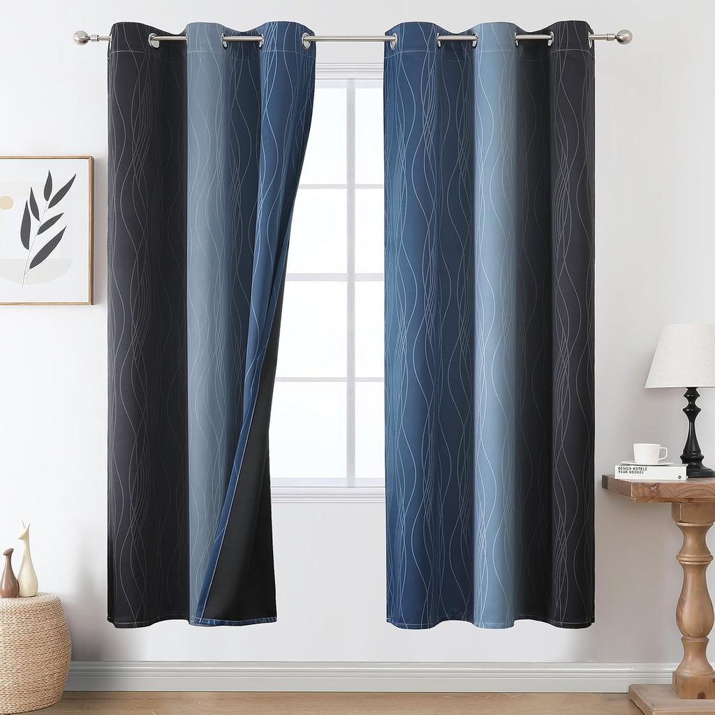 Estelartextiler Estelar Textiler Navy Blue and Black Ombre Blackout Curtains 72 Inches Long, Full Room Darkening Grommet Curtains for Bedro…