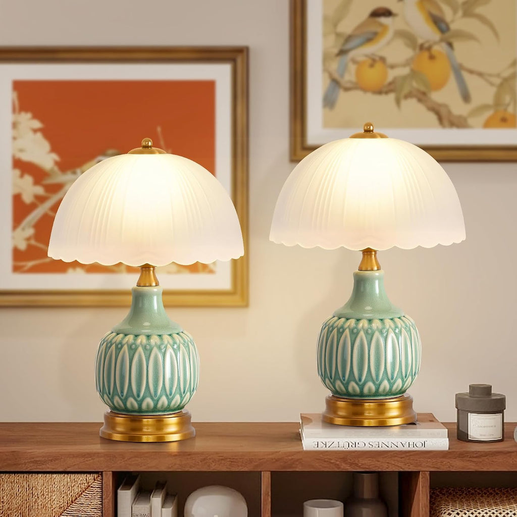 Table Lamps Ceramic Retro Lamp for Living Room,15.7" Modern Bedside Nightstand Traditional Lamps, Classic Chinoiserie Green Glass Lamp…