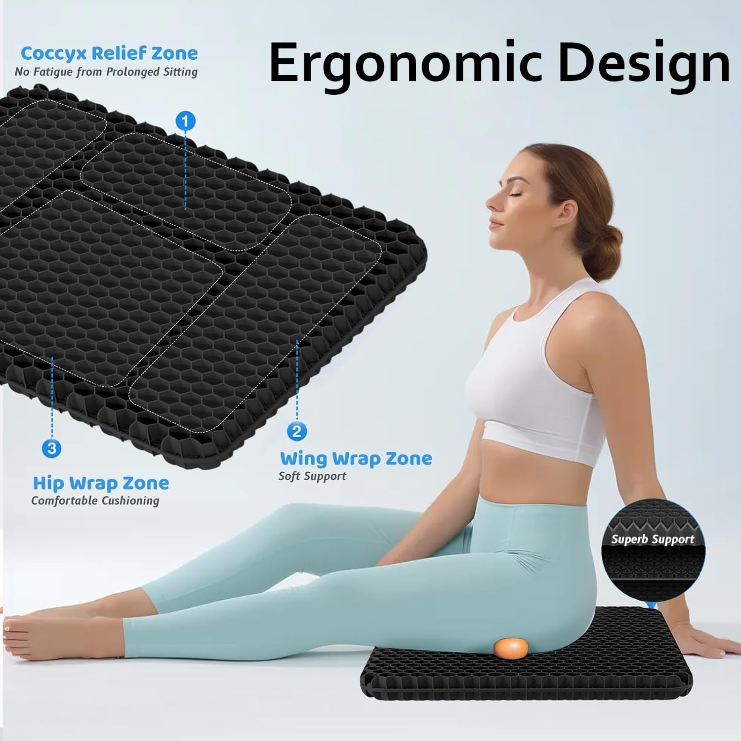 Helishy Gel Seat Cushion, Large Gel Cushion Breathable Honeycomb Chair Pads Gel Cushion with Non-Slip Cover for Home Office Chair Car Seat…