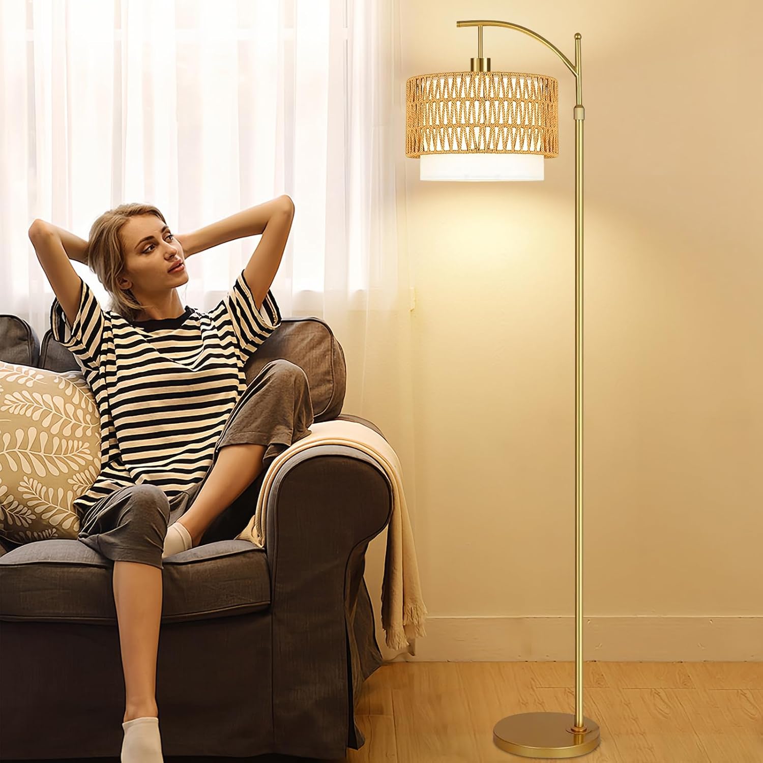 Gold Floor Lamps for Living Room Rattan Boho Floor Lamp with Remote Control & 3 Color Temperature, Dimmable Arc Floor Lamps Wicker Lamp…