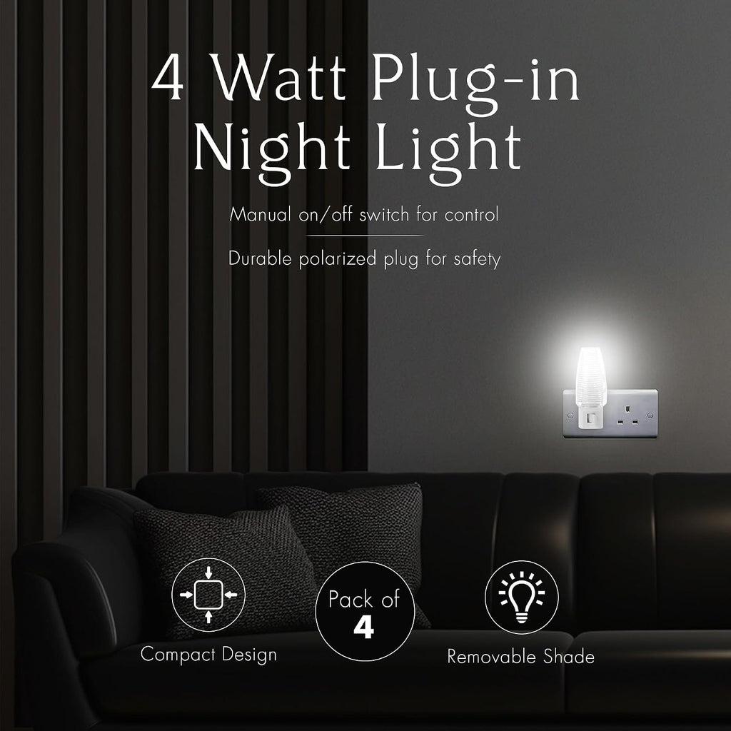 Projectpak Plug in Night Light with Manual On/Off Switch for Hallway, Kid’s Bedroom, Stairways – Includes 4W Incandescent Bulb | 4 Pack