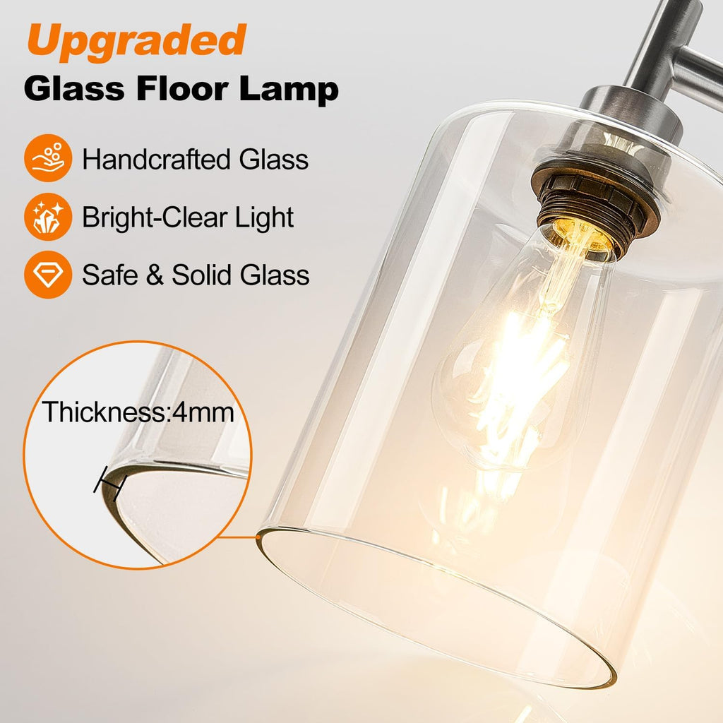Upgraded】Dimmable Floor Lamp for Living Room with Glass Lampshade, Brushed Nickel Modern Floor Lamp with 900LM LED Bulb Included, Bright…