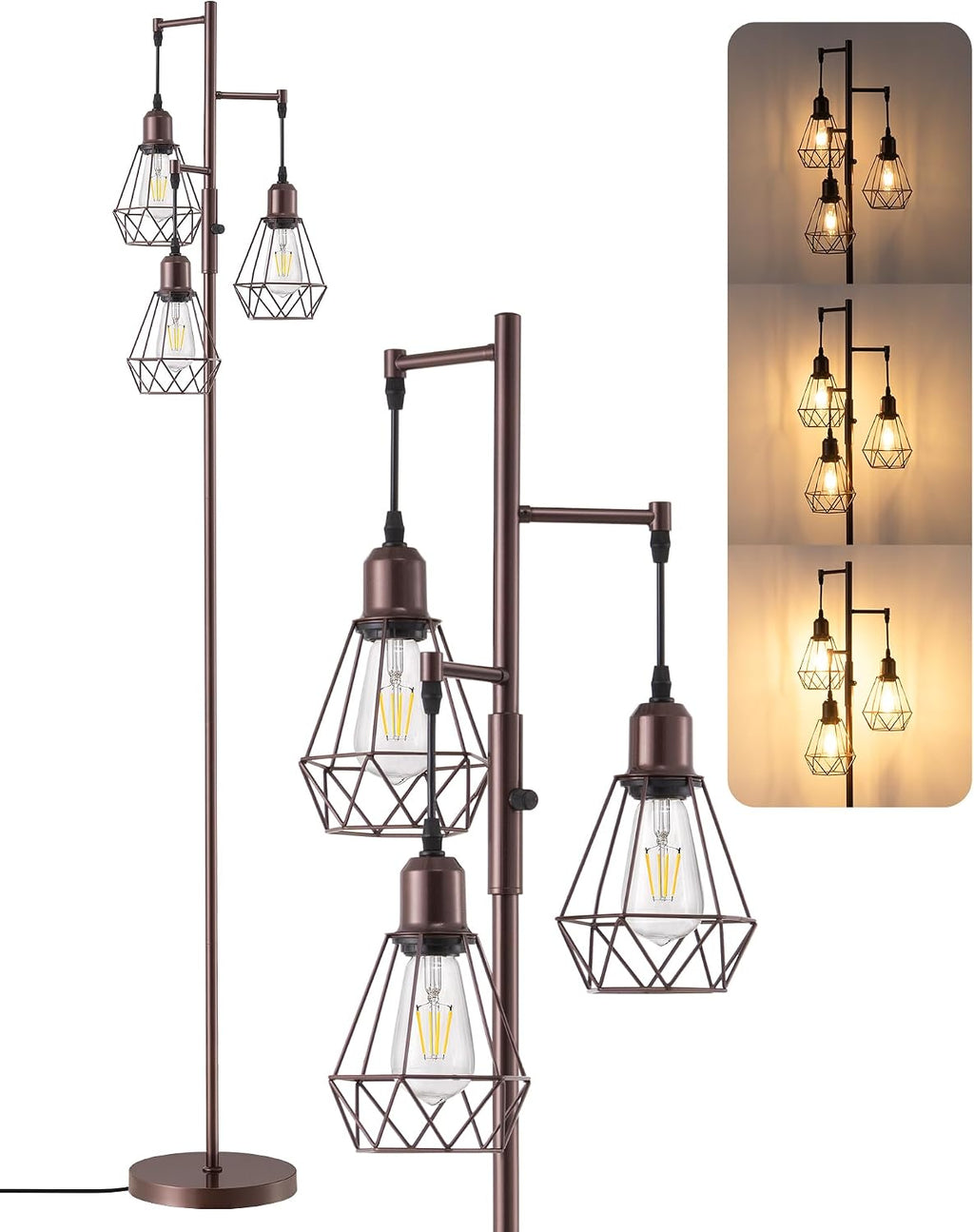 Edishine 70IN Industrial Floor Lamps for Living Room, Dimmable Farmhouse Corner Reading Lamp, Diamond-Shaped Lampshade, 3 LED Edison Bulbs…