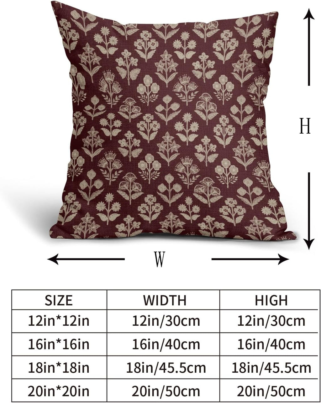 Burgundy Red Floral Block Print Pillow Covers 20x20 Inch Set of 2, Vintage Flower Pattern Decorative Throw Pillowcases Outdoor Farmhouse…