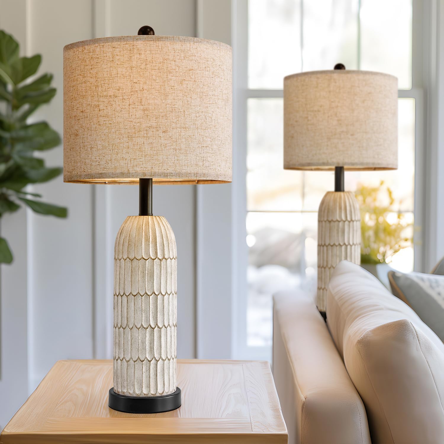 OYEARS 26.5" Bedside Table Lamps Set of 2, Farmhouse Table Lamp with USB A+C Charging Ports, Vintage Nightstand Lamp for Bedrooms and…