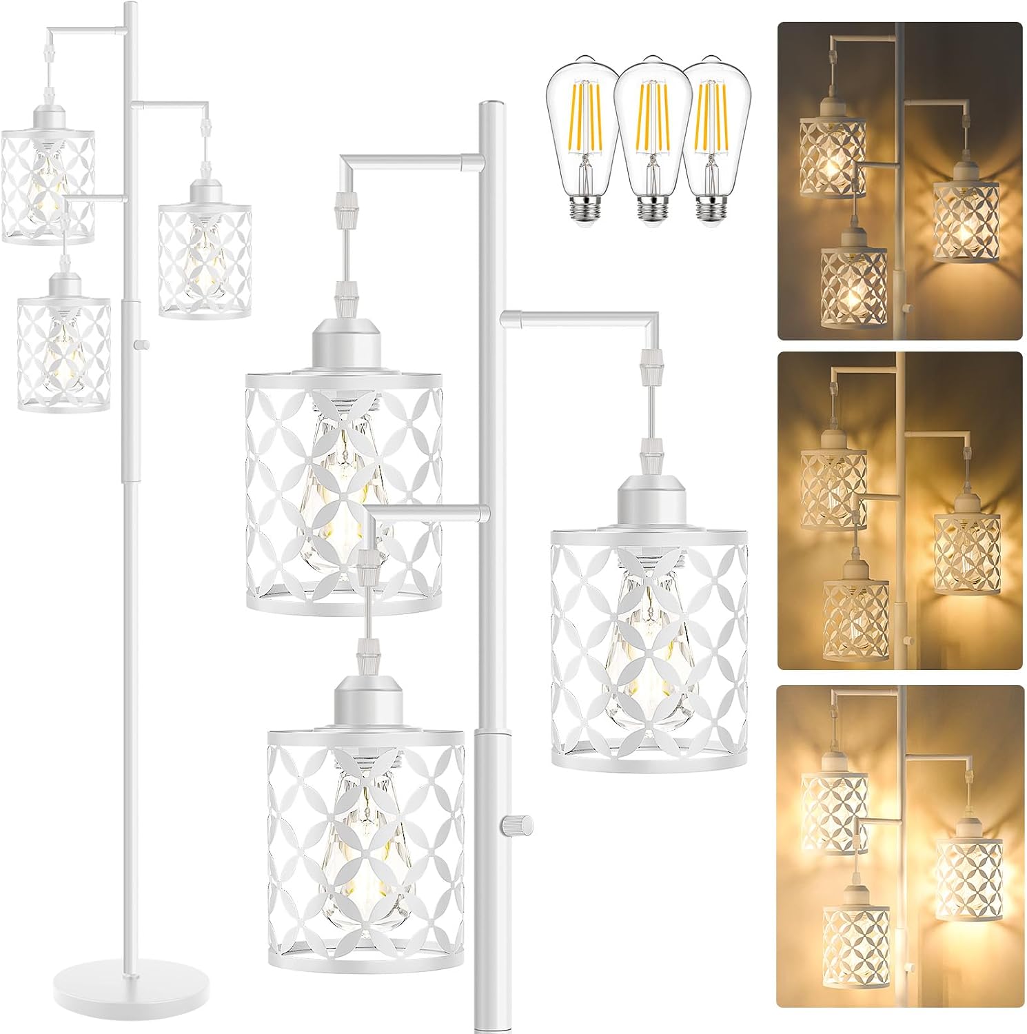 Dimmable Floor Lamp, Farmhouse Standing Lamp with Elegant Metal Cage, Industrial Tall Tree Floor Lamps for Living Room, Bedroom, Study…