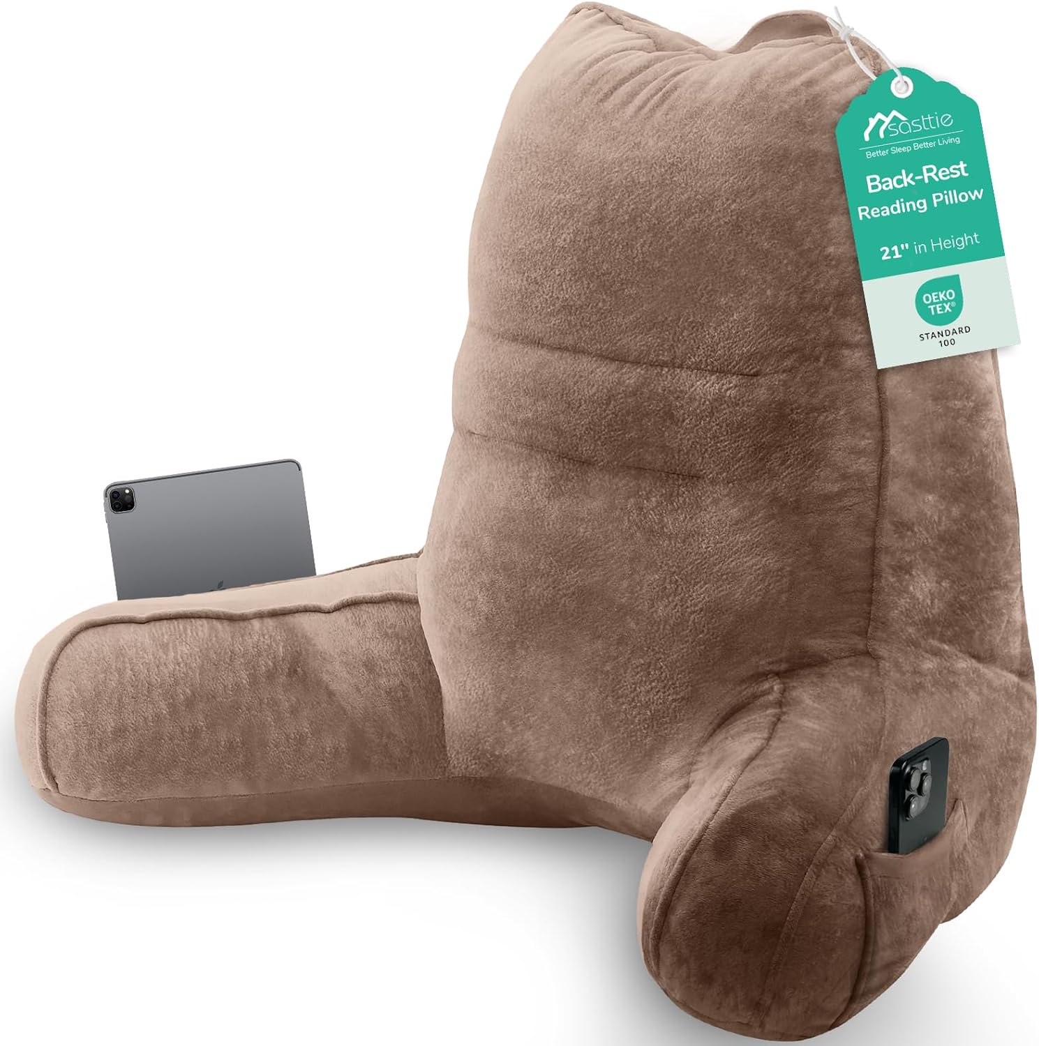 Sasttie Reading Pillow, Pillows for Reading or Relaxing – Ergonomic Support for Head, Neck, Back, and Lumbar, 21-Inch, Khaki