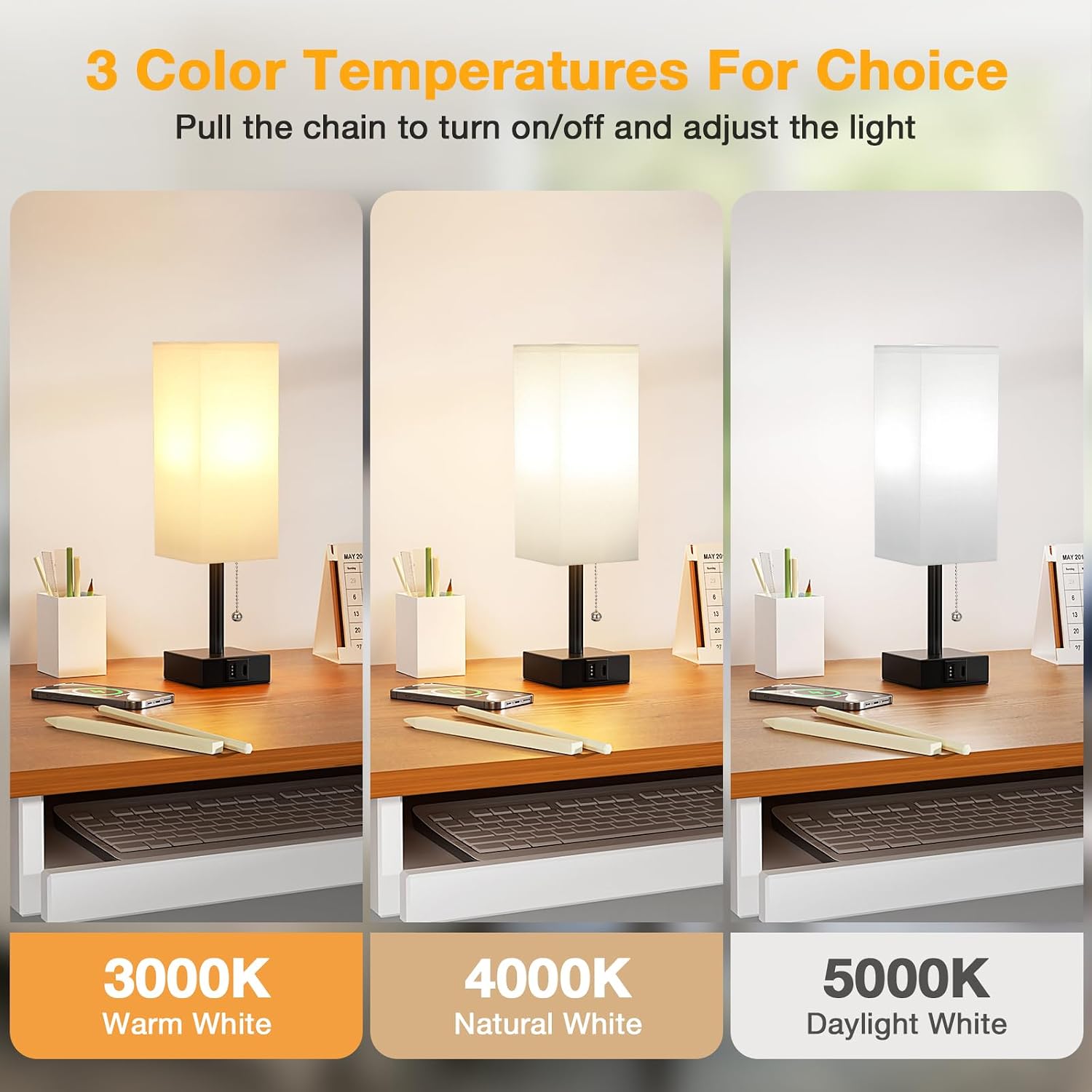 Aooshine White Small Table Lamp for Bedroom - 3 Color Temperature 3000K 5000K 4000K Bedside Lamp, Pull Chain Control, USB A and C Charging…