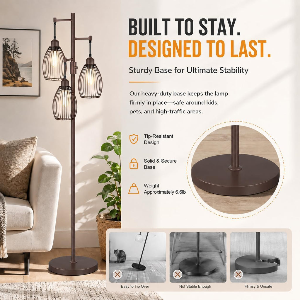 Nintiue Dimmable Floor Lamp,3x800LM LED Bulbs Included, Farmhouse Industrial Floor Lamp Standing Tree Lamp with Teardrop Cage Head Tall…