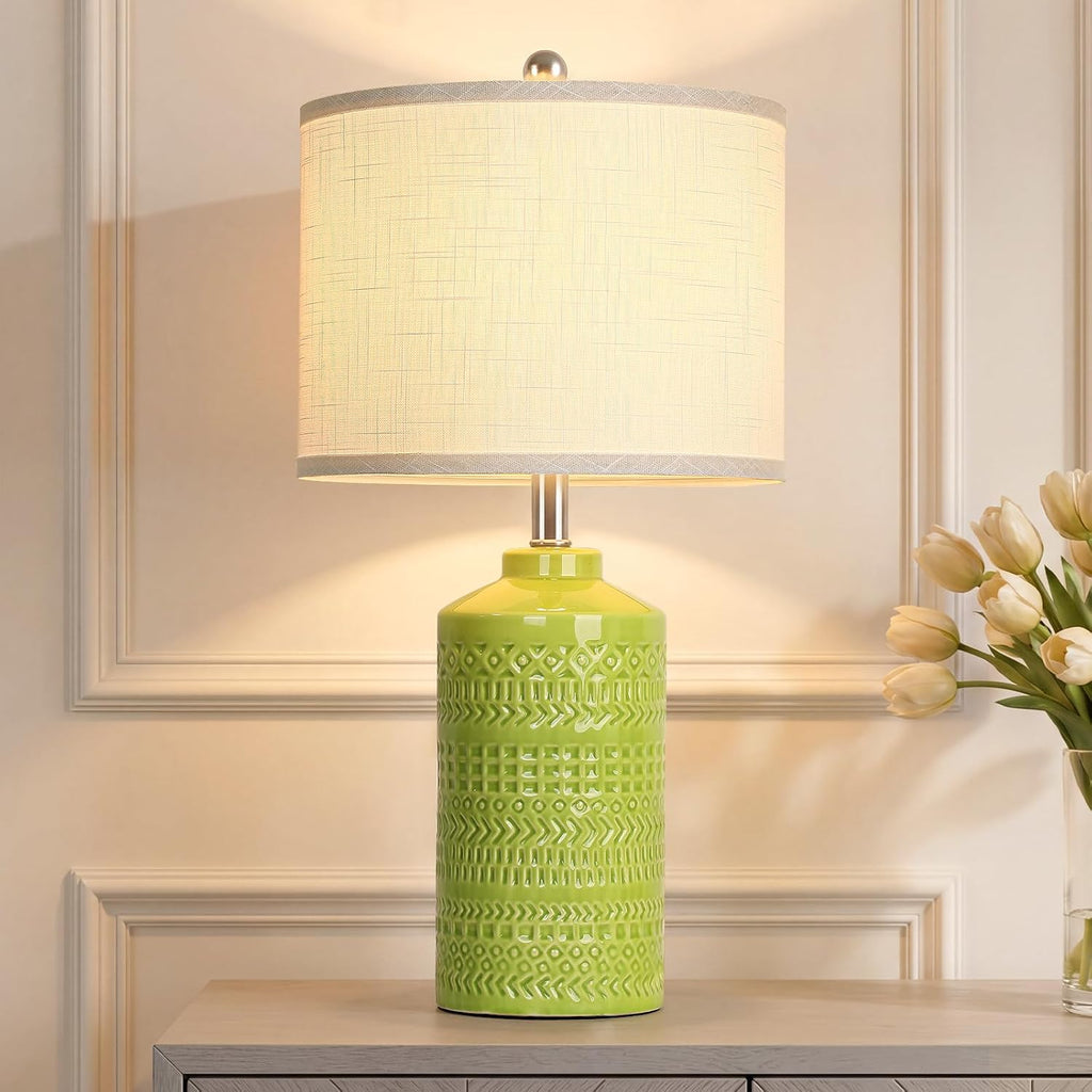 JUNNAI Light Green Ceramic Table Lamp 25 inch 3-Way Dimmable Nightstand Lamp with White Linen Shade Bedside Lamp for Living Room Bedroom…