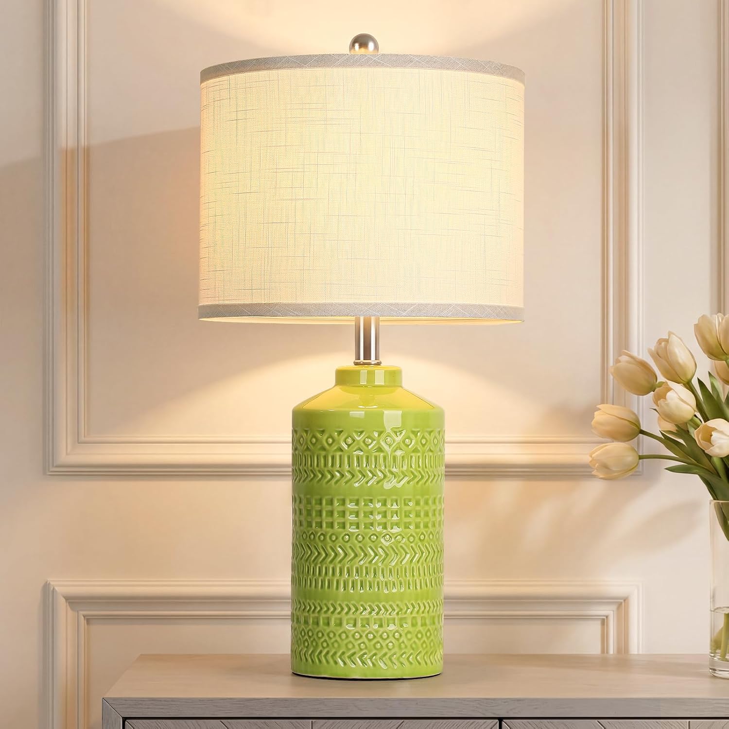 JUNNAI Light Green Ceramic Table Lamp 25 inch 3-Way Dimmable Nightstand Lamp with White Linen Shade Bedside Lamp for Living Room Bedroom…