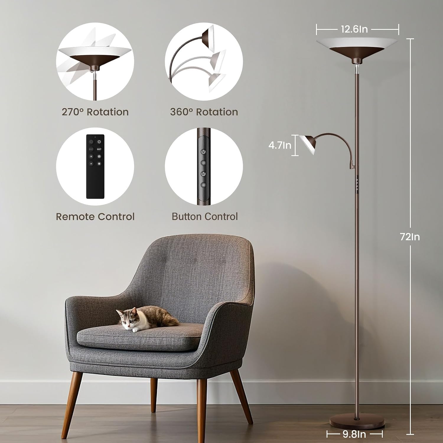 SIBRILLE Brown Torchiere LED Floor Lamp - 72" Rotating Standing Lamp with Remote, 34W Dimmable Floor Light with Color Changing, Tall…