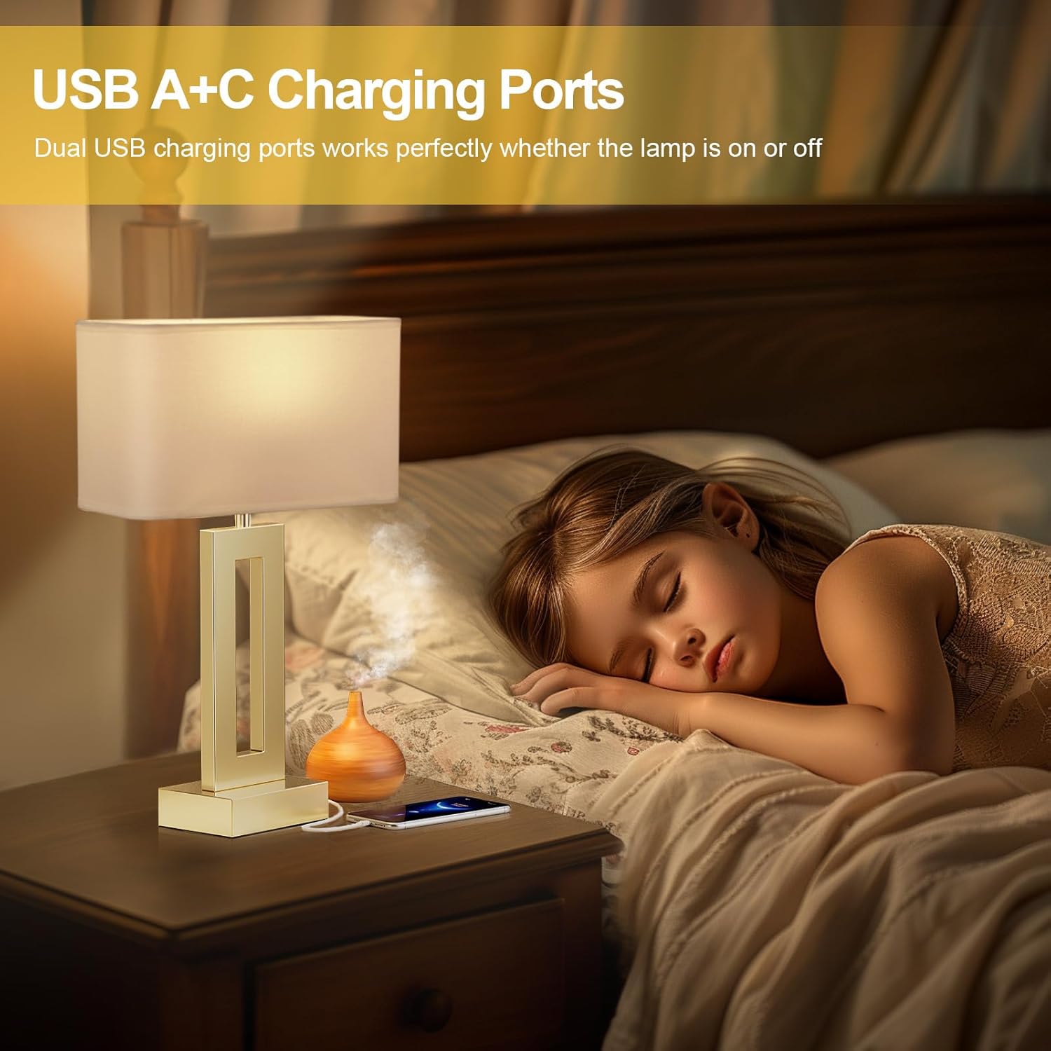 Seealle Bedroom Table Lamps Set of 2 - Touch Bedside Lamps with USB C+A, 3 Way Dimmable Gold Lamp for Nightstand, Modern Night Stands…