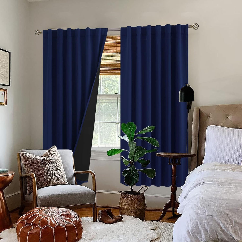 BGment Navy Blue 100% Blackout Curtains 72 Inches Long with Black Liner, Rod Pocket and Back Tab Double Layer Full Room Darkening Thermal…