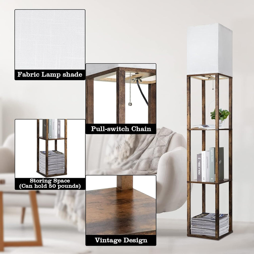RUNTOP Floor Lamp with Shelves, Modern Shelf Lamp for Display Storage, 3 Color Temperature Wood Narrow Standing Corner Lamp with 8W Bulb…
