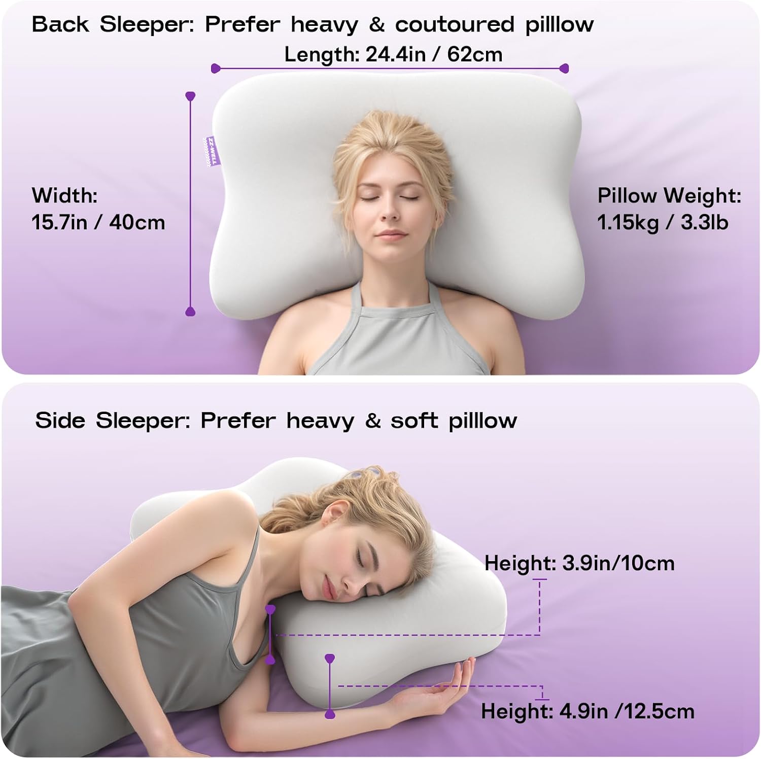 Zz-Well Side Sleeper Pillows - Patented Cervical Neck Pillow for Sleeping with Cooling & Removable Cover- High Loft Heavy Density Memory Fo…