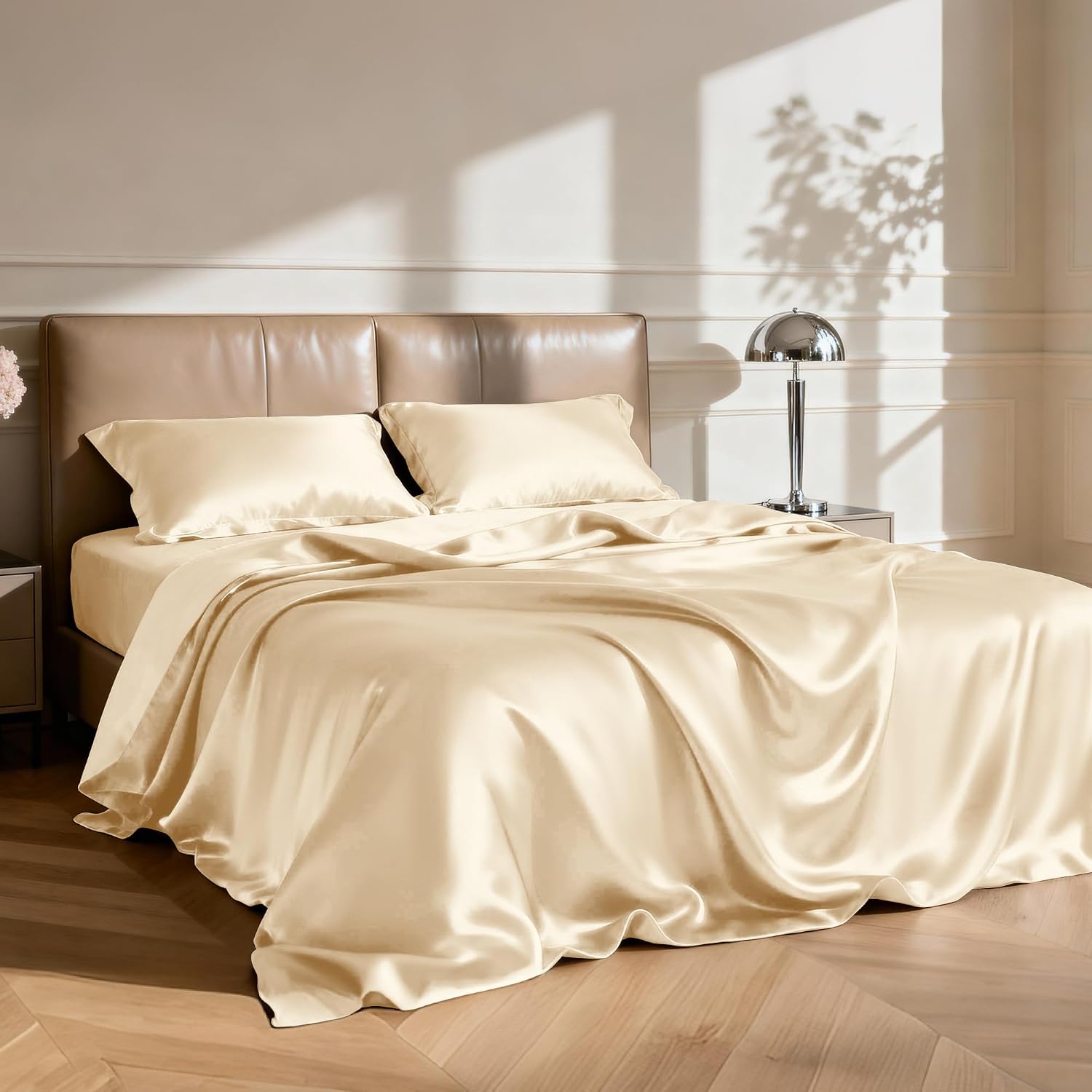 Lovescabin Love's cabin California King Satin Sheet Sets - 4 Piece Beige Silky Sheets Bed Set with Deep Pocket, Luxury Silk Feel Satin Cal…