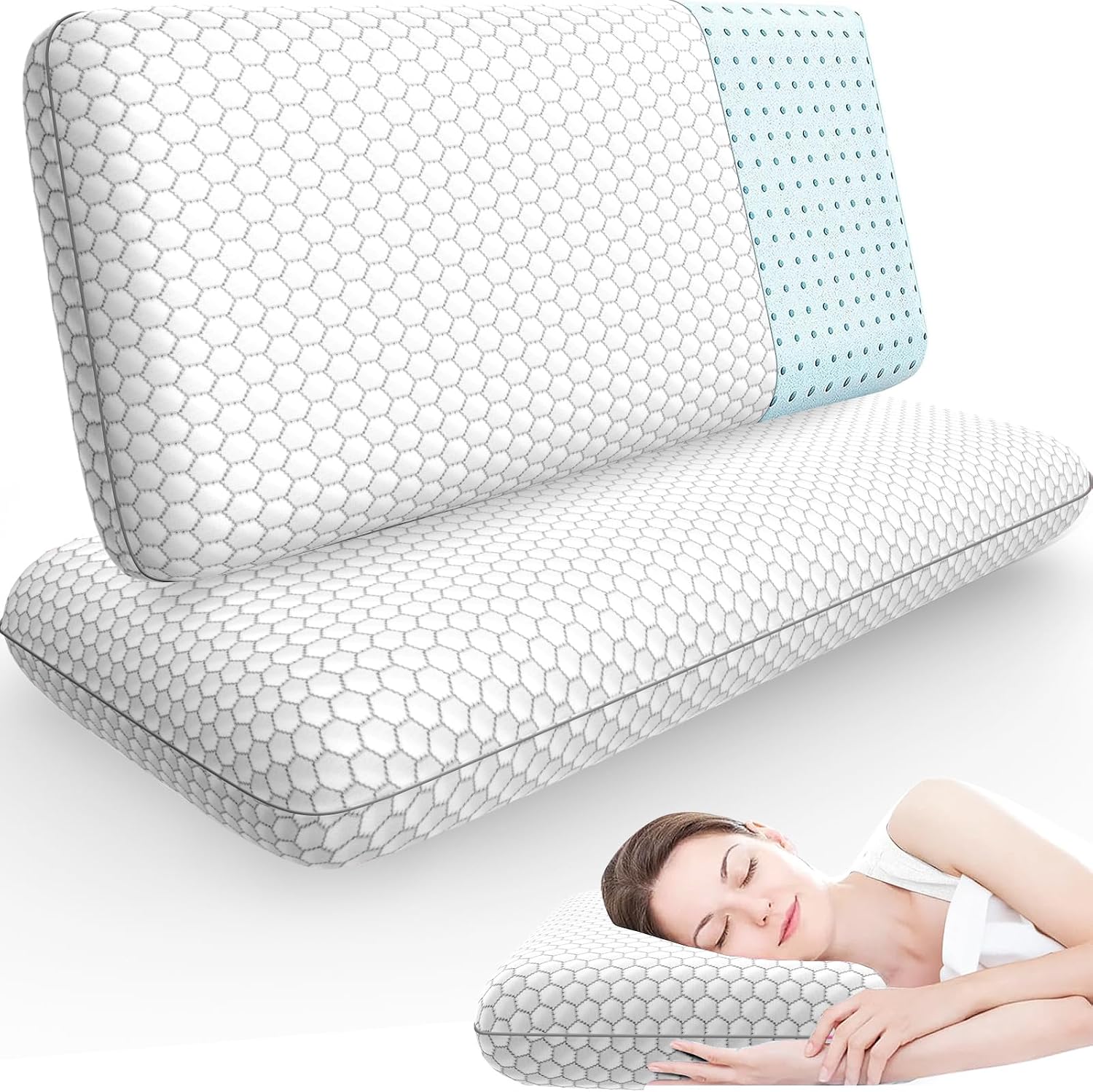 CushyOasis Memory Foam Pillows for Side, Back and Stomach Sleepers, Set of 2, Bed Pillow with Washable Cover and Breathable Mesh, Bed Pillo…