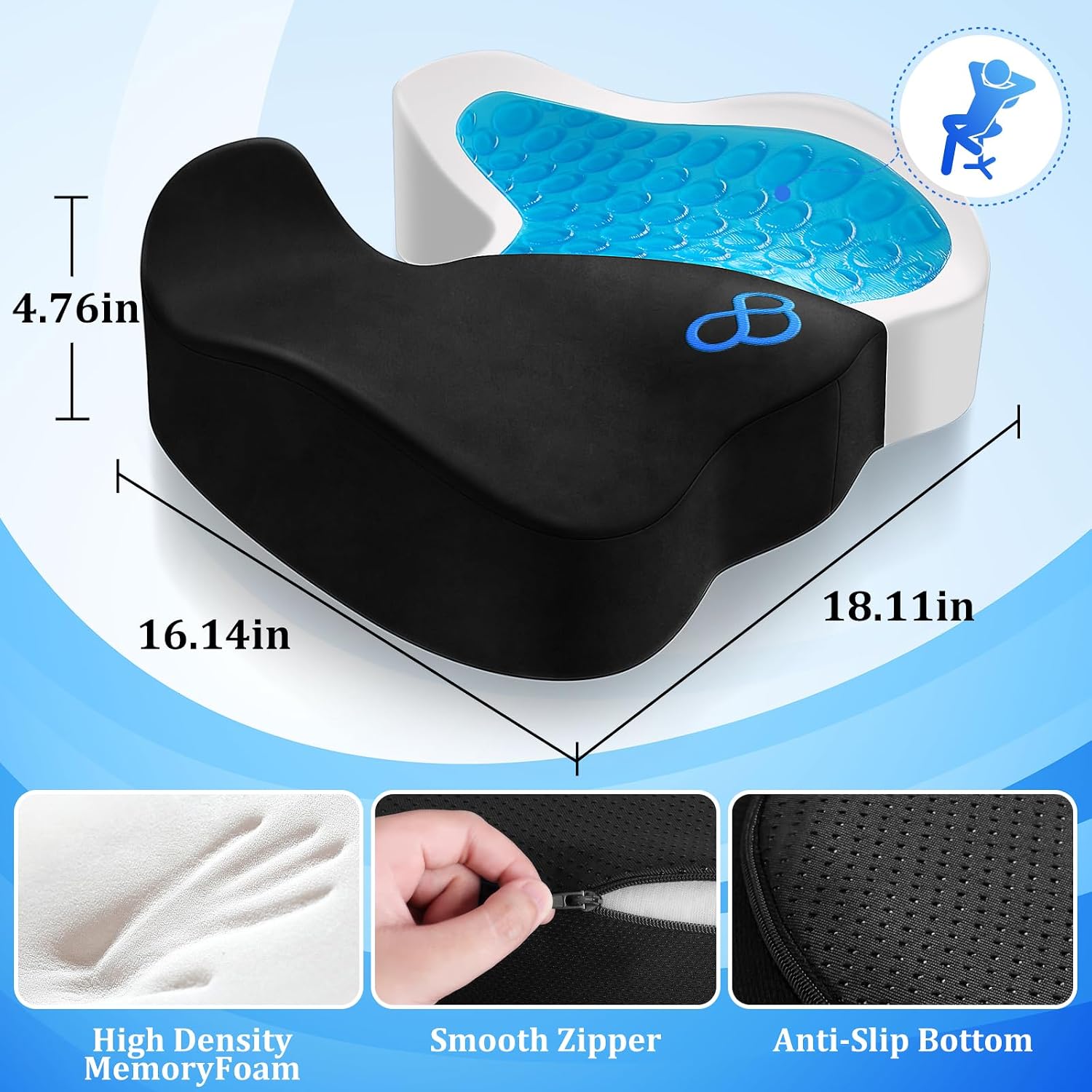 CushyOasis Seat Cushion, Gel Chair Cushions, Office Chair Cushions, Anti-Slip Bottom & Removable Cover Tailbone Cushion, Memory Foam Seat C…