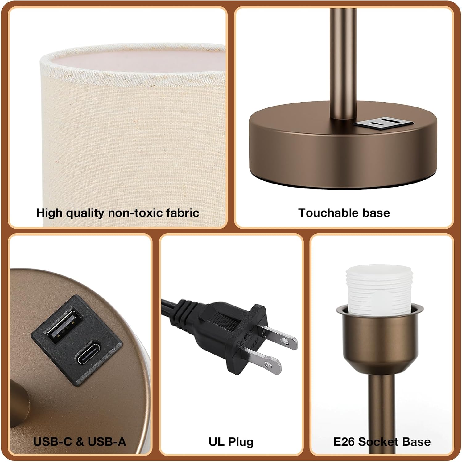 Dicoool Beige Touch Table Lamp for Bedroom - 3 Way Dimmable Bedside Lamp with USB, Nightstand Lamp with Brown Charging Station for Desk…
