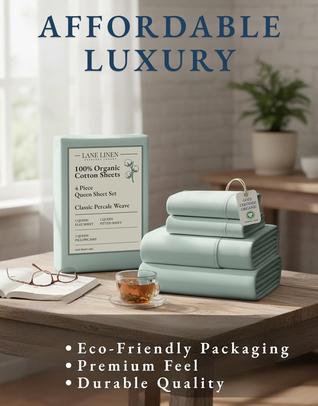 LaneLinen LANE LINEN 100% Organic Cotton Queen Sheets, Fully Elasticized Soft & Comfy Classic Percale Weave, Low Pill Fade Resistant Machin…