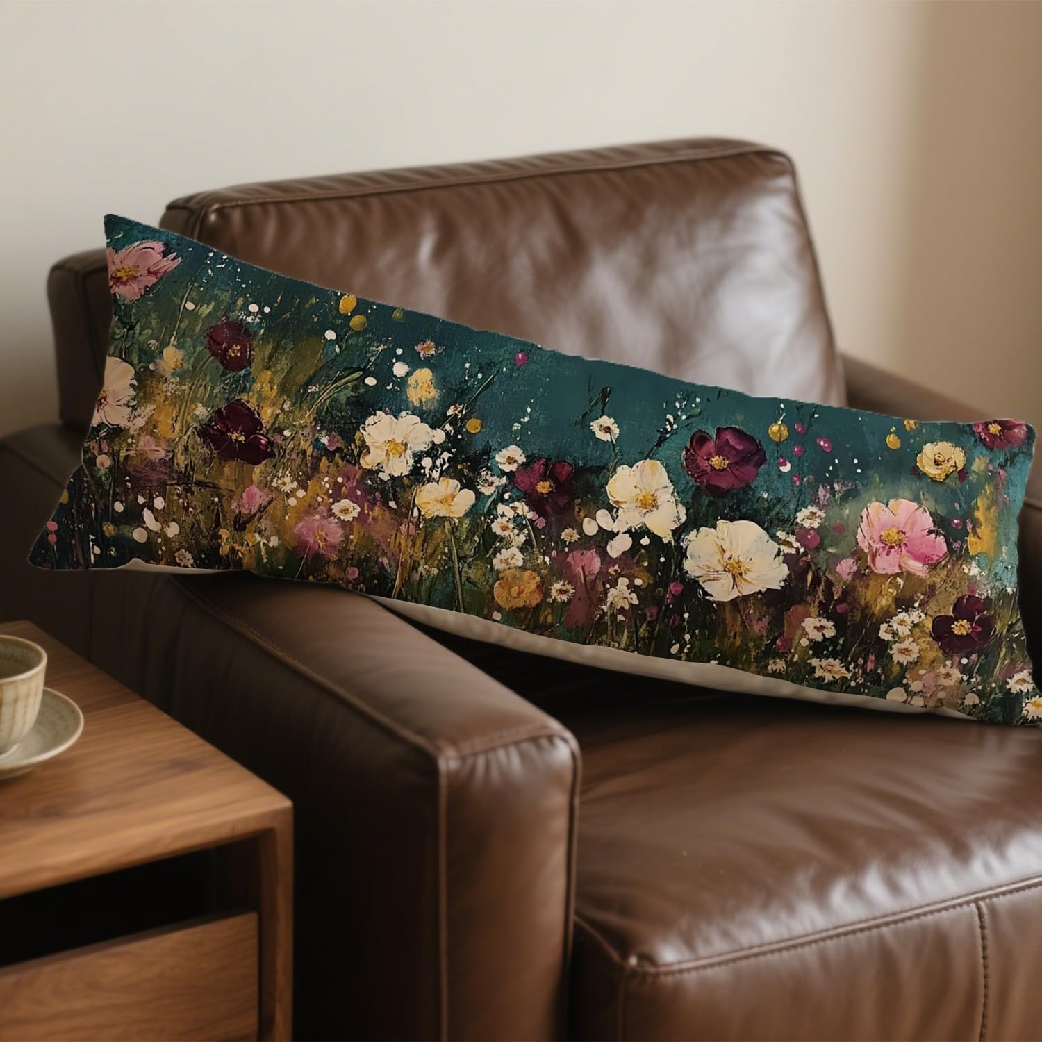 Abstract Retro Wildflowers 20x54 Body Pillow Cover, Floral Room Decor, Botanical Decor, Vintage Dark Cottagecore Flower Aesthetic…