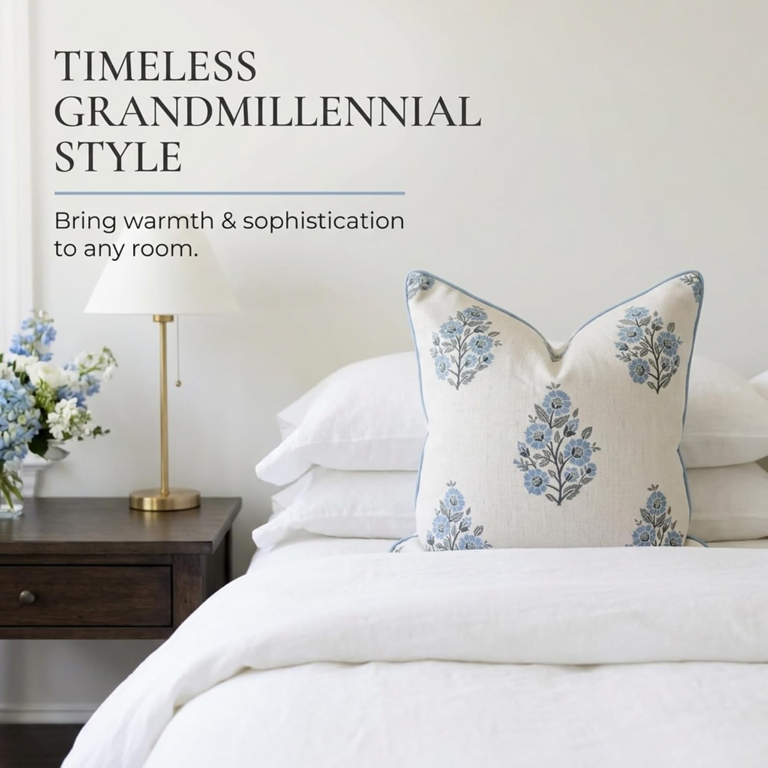 Jillien Harbor “The Camille” Decorative Pillow Cover – Blue & Whitel Floral Block Print Pillow Cover – Grandmillennial Home Decor, 24" x 24"