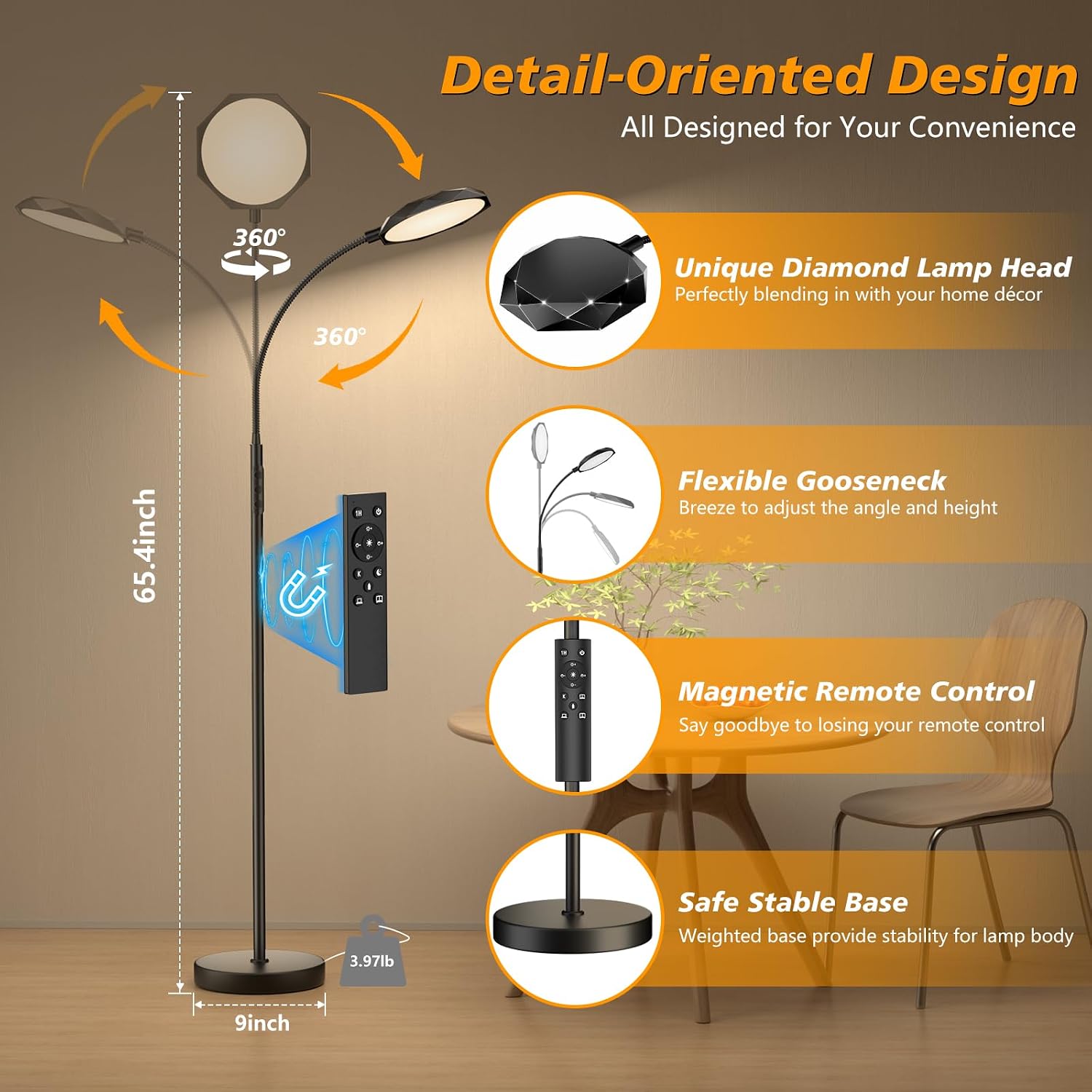 Pacovy Floor Lamp, 18W Bright LED Floor Lamps for Living Room with Diamond-Surface, Stepless Adjustable Colors & Dimmer Standing Lamp with…