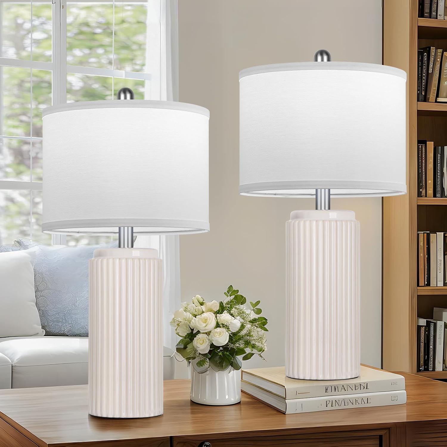 Tobusa 23.5’’ Modern Ceramic Table Lamps Set of 2 for Living Room, Farmhouse Vintage Bedside Table Lamps with White Linen Shade, Rustic Bed…